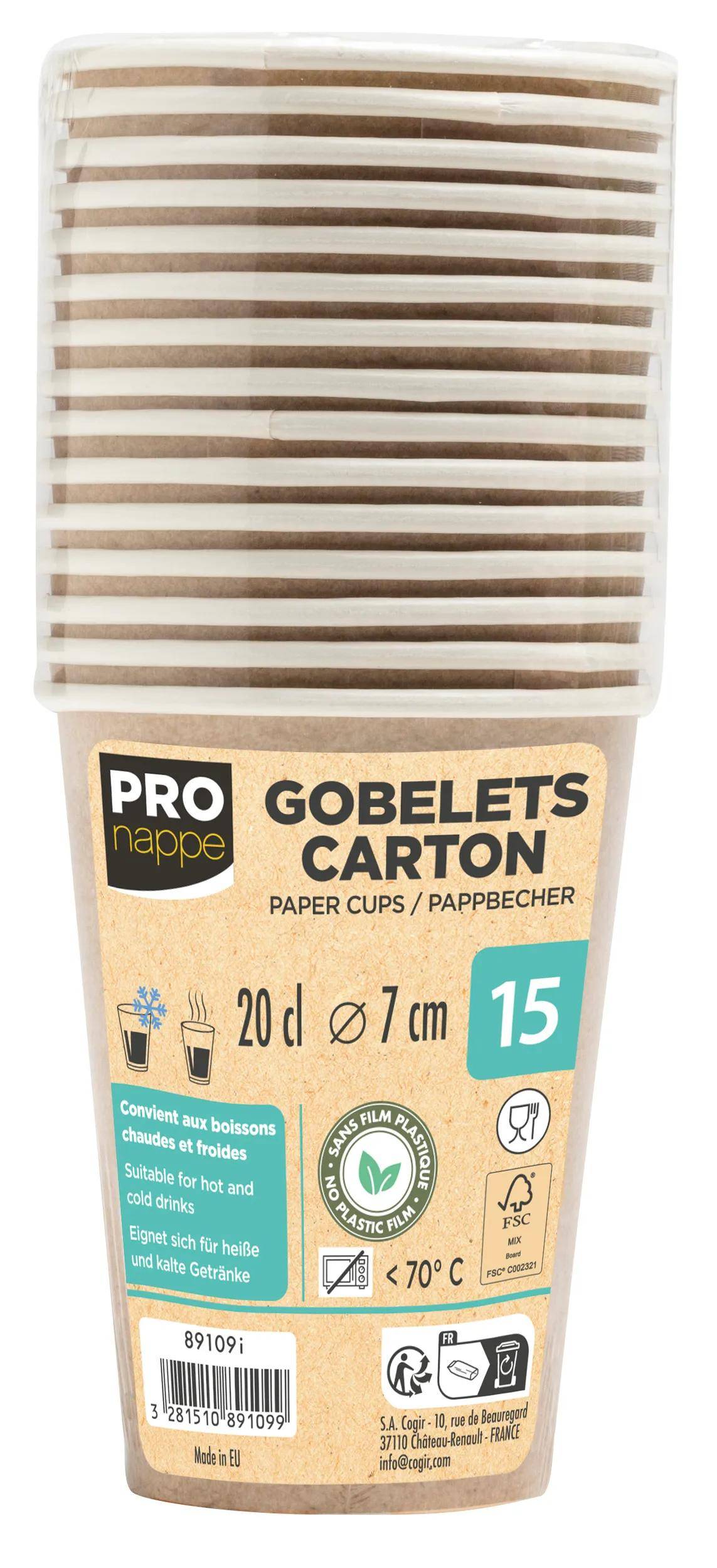 Stapel von 15 braunen Papierbechern, je 20 cl Fassungsvermögen, mit der Aufschrift „Pro-nappe Papierbecker". Geeignet für heiße Getränke, 7 cm Durchmesser.