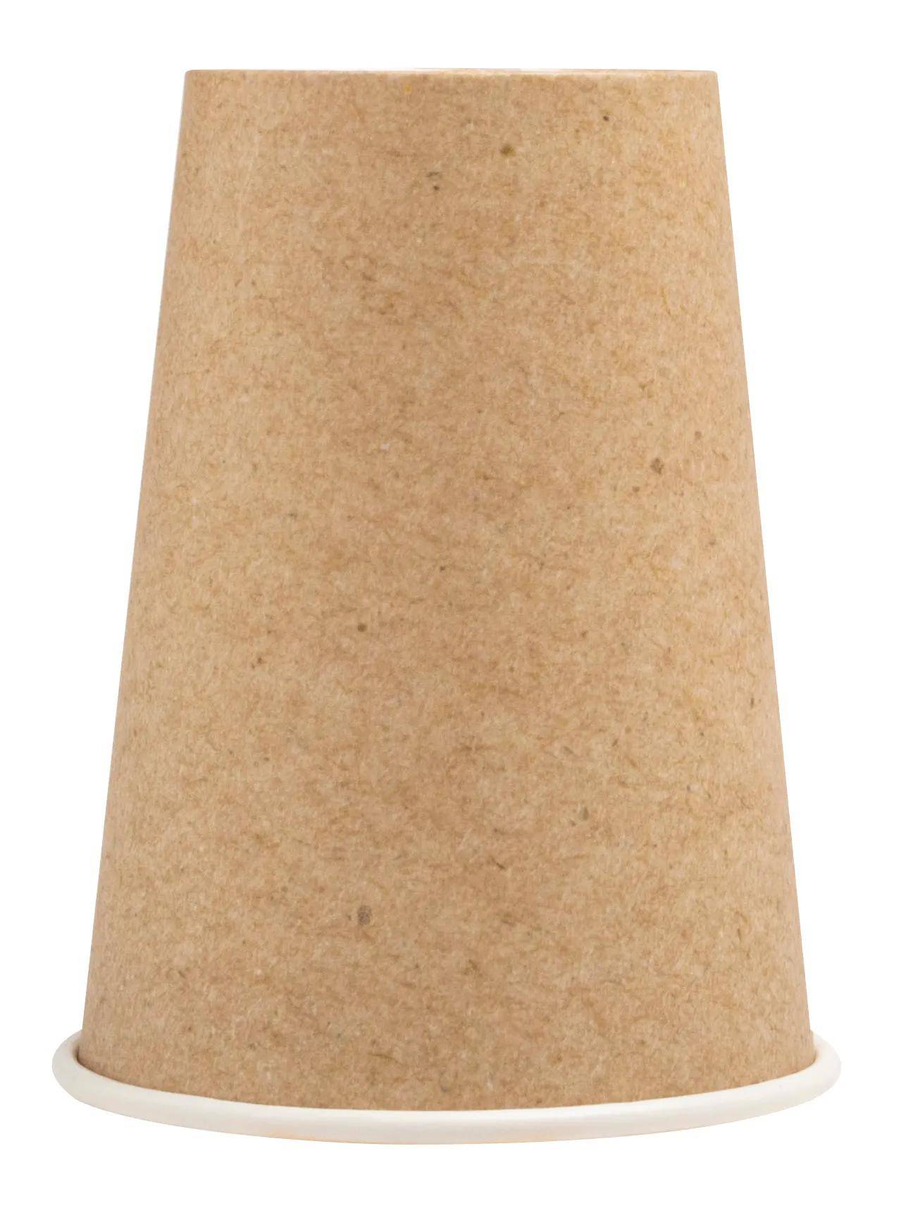 Eine Nahaufnahme einer braunen, wegwerfbaren Papiertasse mit weißem Rand, umgekehrt platziert.