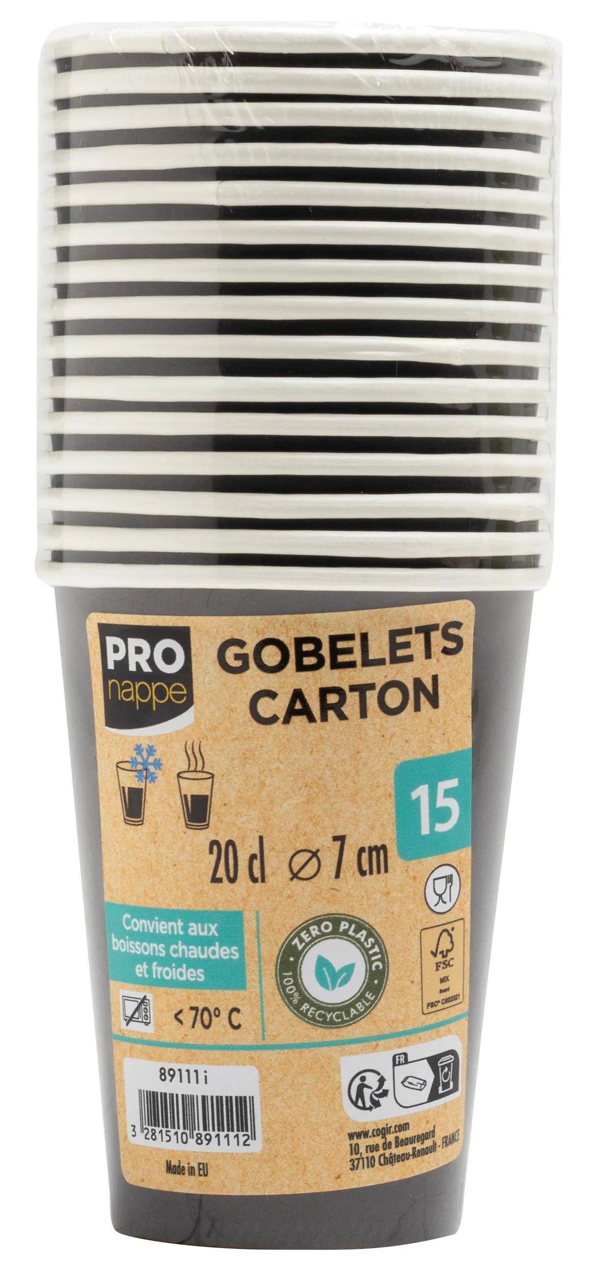 Pro Nappe Gobelets Carton' Packung mit 15 Einweg-Pappbechern, 20 cl Fassungsvermögen, 7 cm breit, geeignet für kalte und heiße Getränke.