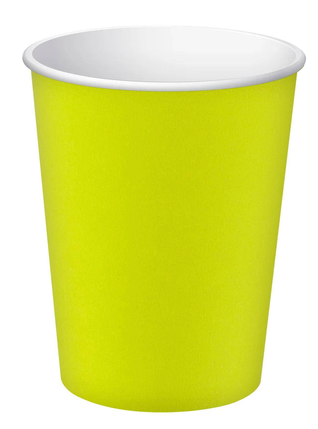 Ein leuchtend gelber Papierbehälter vor einem einfachen Hintergrund.