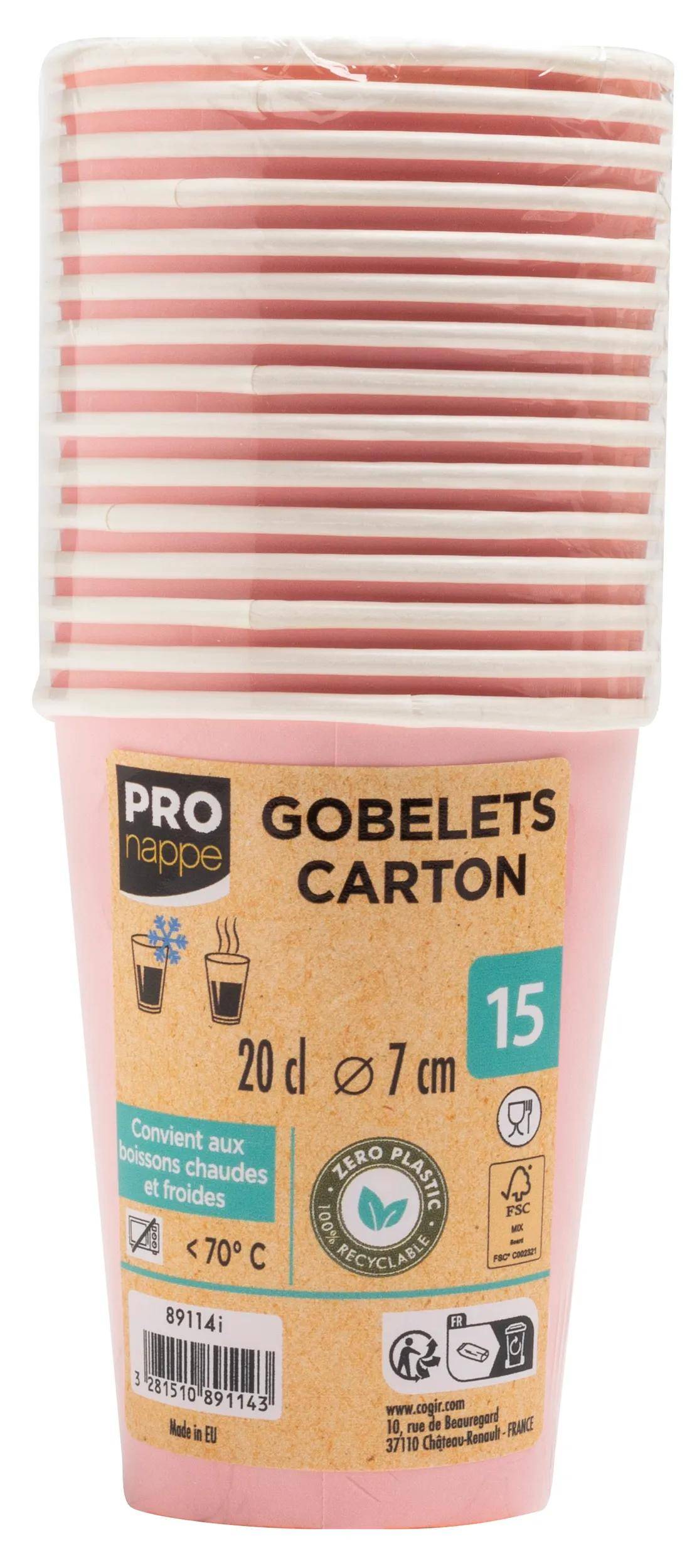 Pro nappe' Packung rosafarbener Pappbecher, fasst 20 cl, 15 Stück pro Packung. Symbole zeigen die Eignung für heiße und kalte Getränke an.