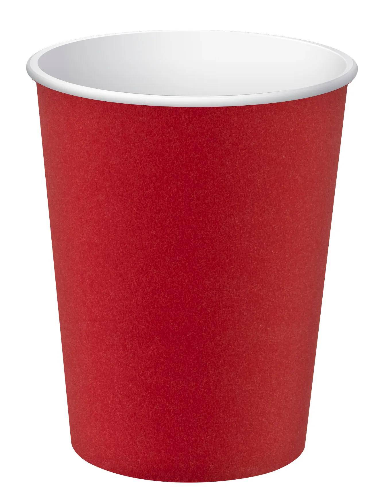 Ein einfacher roter Papierbecker mit weißem Inneren, typischerweise für Getränke bei Veranstaltungen oder Partys verwendet.