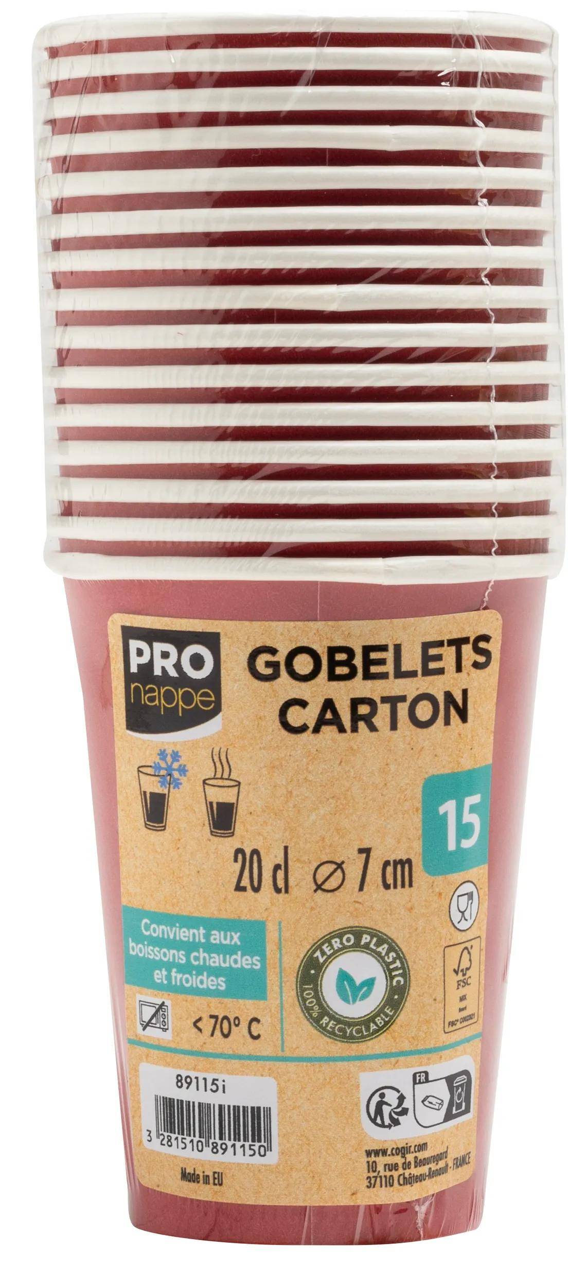 Stapel roter Pappbecher mit der Aufschrift „Pro Nap Gobelets Carton, 20 cl, ø 7 cm, 15 Becher.