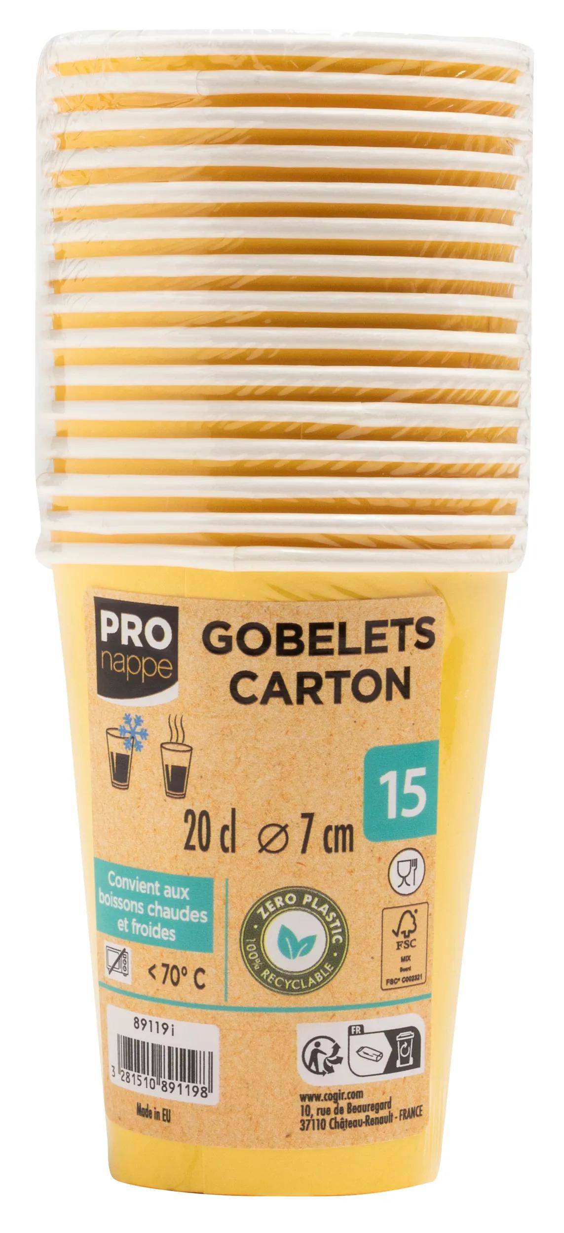 Pro Nappe Gobelets Carton' Packung, gelbe Pappbecher, 20 cl, 7 cm Durchmesser, geeignet für heiße/kalte Getränke, Satz mit 15 Bechern.