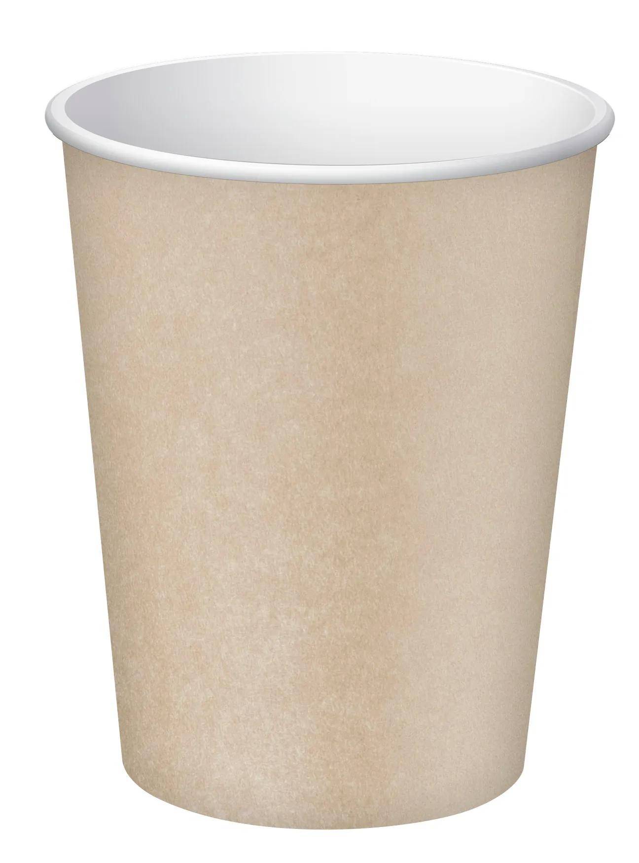 Ein einfacher brauner Papierbehälter, von der Seite betrachtet, der leer zu sein scheint.