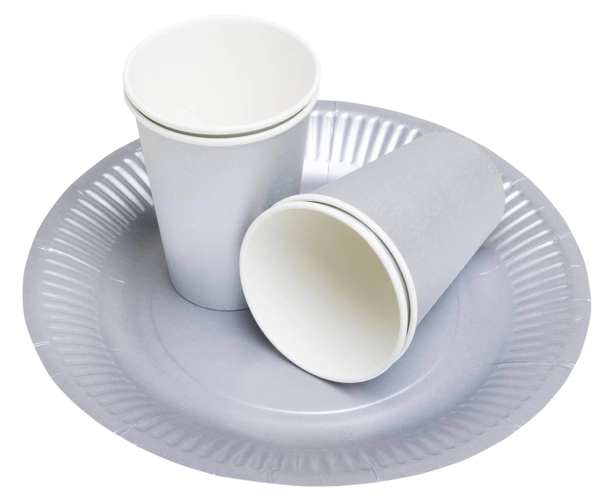 Zwei weiße Tassen auf einem grauen Papierteller; eine Tasse steht aufrecht, die andere liegt auf ihrer Seite.