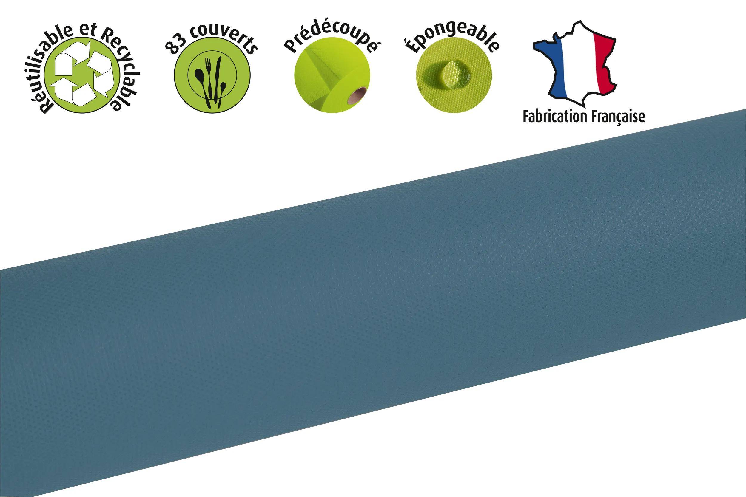 83 Platzdecke, Vorgefertigt, Abwischbar' sind Merkmale eines blauen strukturierten Stoffs. Karte von Frankreich mit dem Text 'Französische Herstellung'.