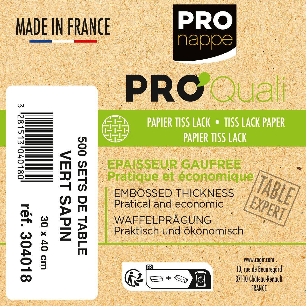 Das Bild zeigt ein Produktetikett für „PRO nappe PRO Quali