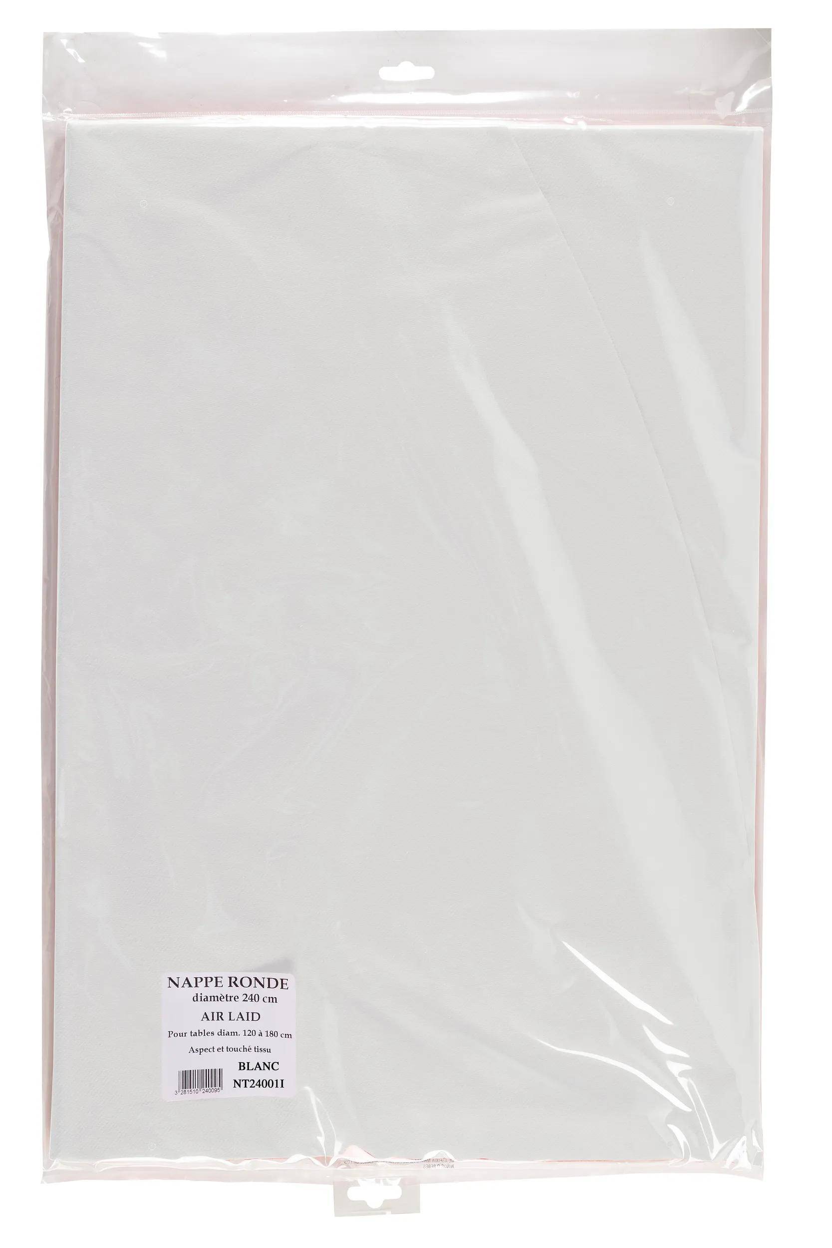 Eine verpackte runde weiße Tischdecke mit der Bezeichnung 