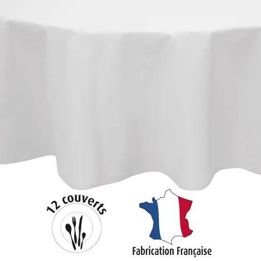 „Tischdecke mit gerafften Rändern, Symbol zeigt 12-teiliges Besteckset und Logo einer französischen Karte in Flaggenfarben gefärbt, beschriftet mit Fabrication Française.