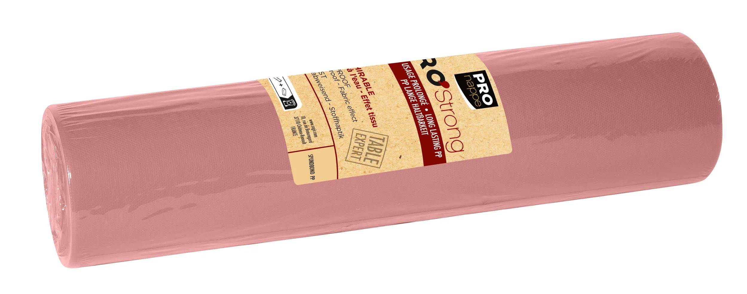 Eine Rolle rosa Servietten mit der Bezeichnung „PRO nappe, stark und langlebig.