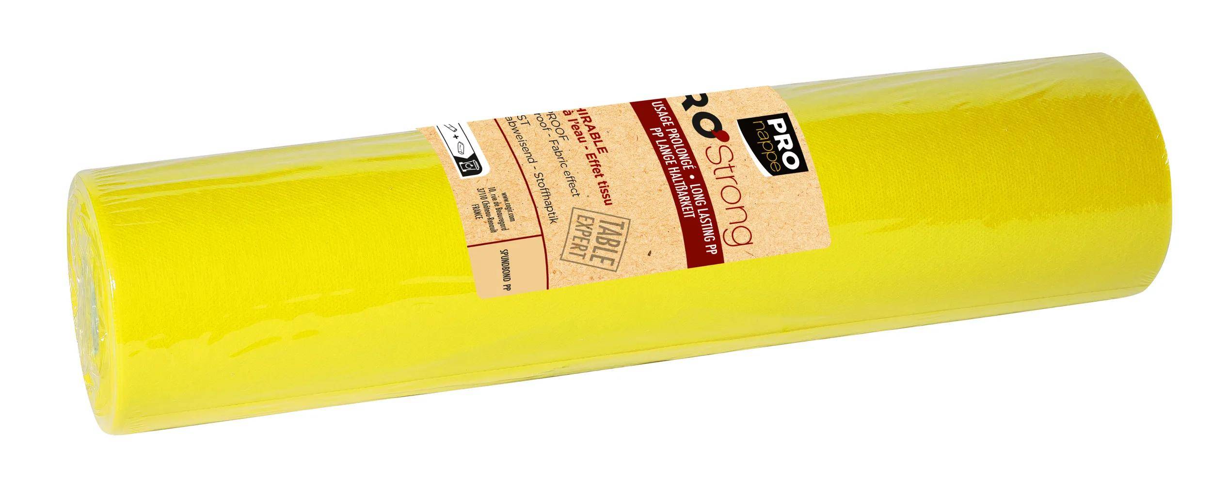Eine Rolle einer leuchtend gelben langlebigen Tischdecke mit der Aufschrift „Pro Tissus, Long-Lasting PP, Sopratik