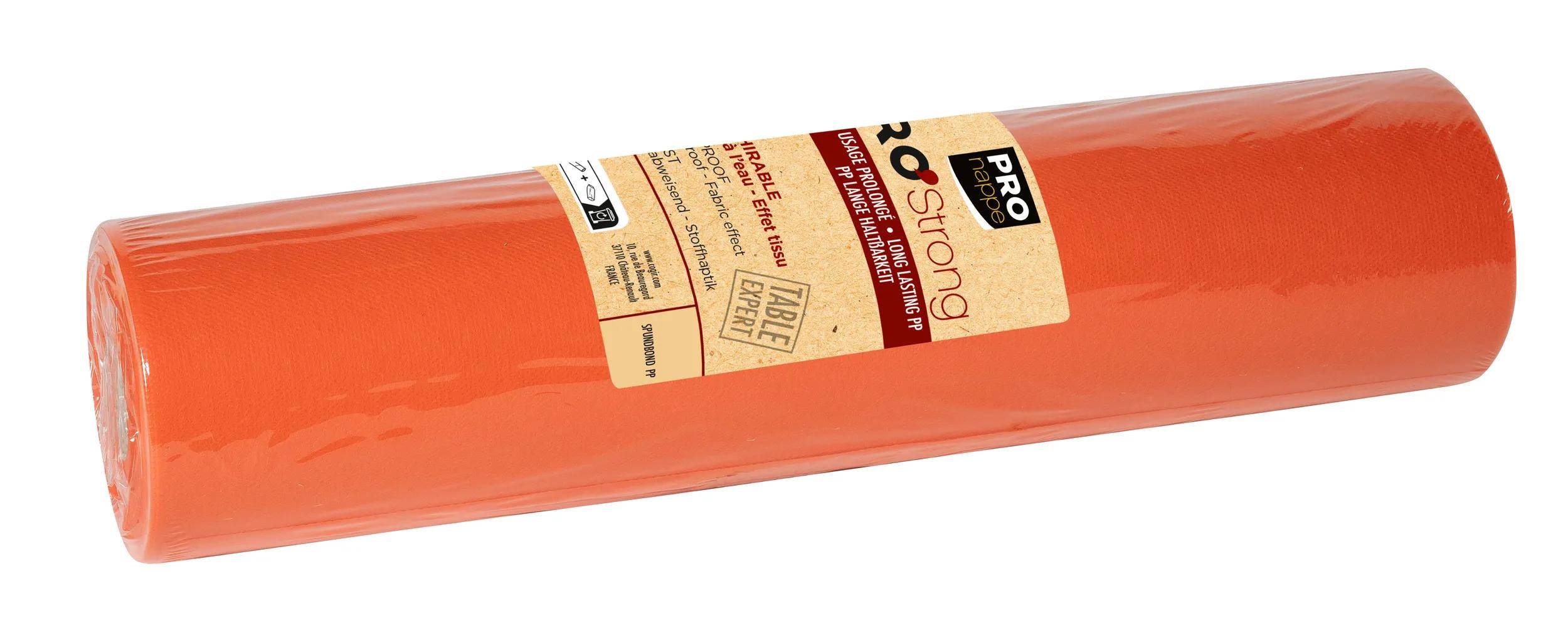 Eine Rolle orangefarbiger Tischdecke mit der Beschriftung 'Prostrong', die ihre haltbaren, langlebigen Eigenschaften hervorhebt und sich für Partys oder Veranstaltungen eignet.