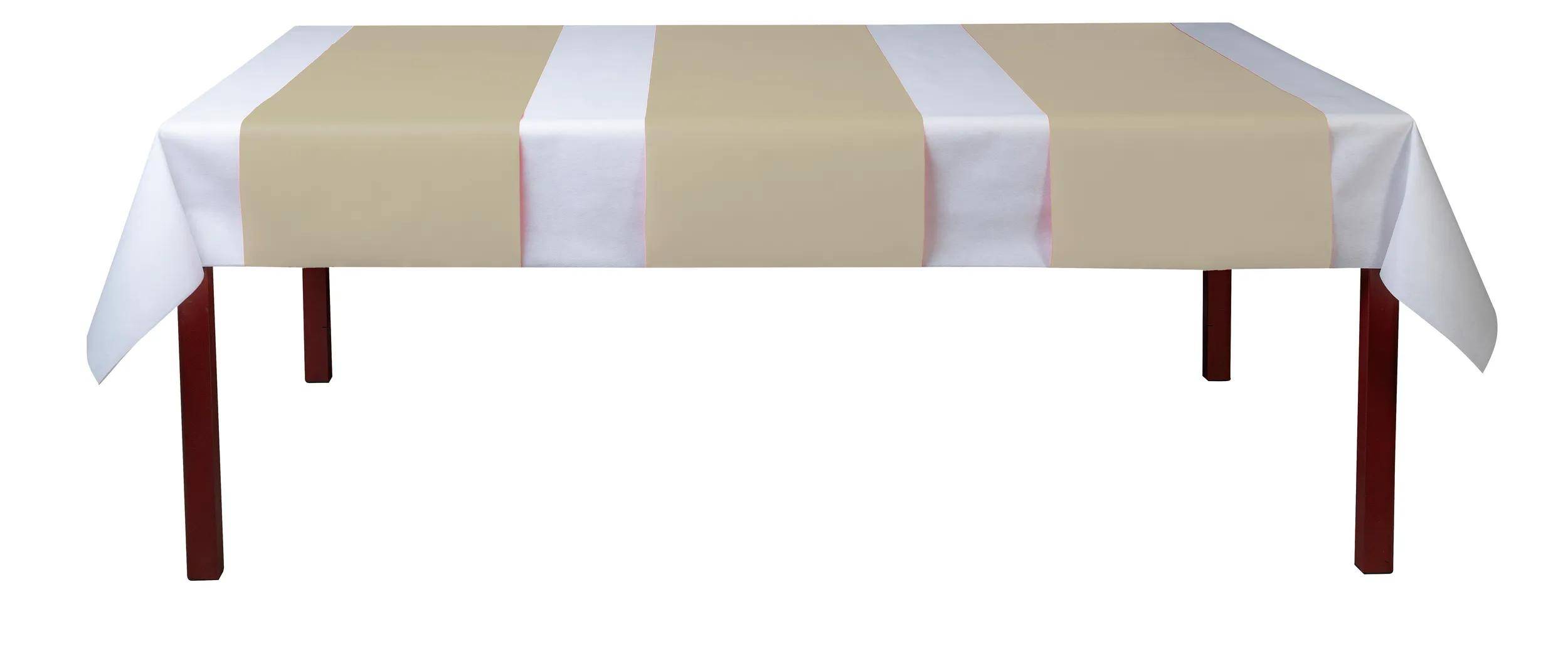 Ein beige und weiß gestreiftes Stoffmuster mit abwechselnden vertikalen Streifen.