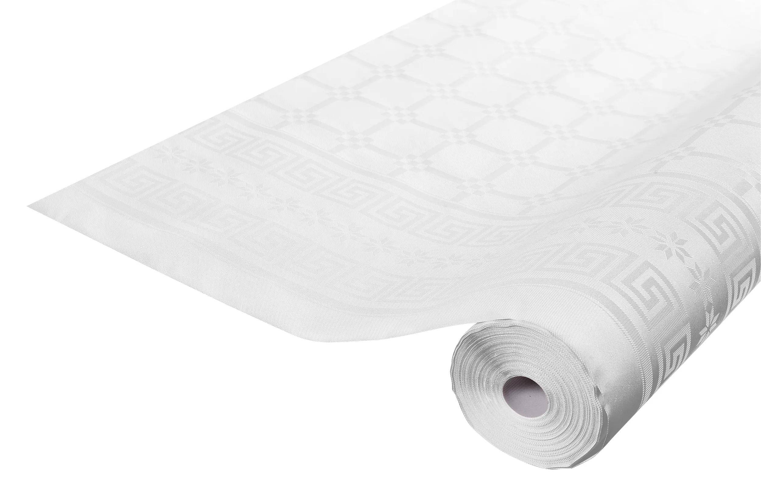 Eine Rolle weißes Papier mit einem subtilen geometrischen Muster, das Diamantformen und einen griechischen Schlüsselborder aufweist, teilweise abgerollt.