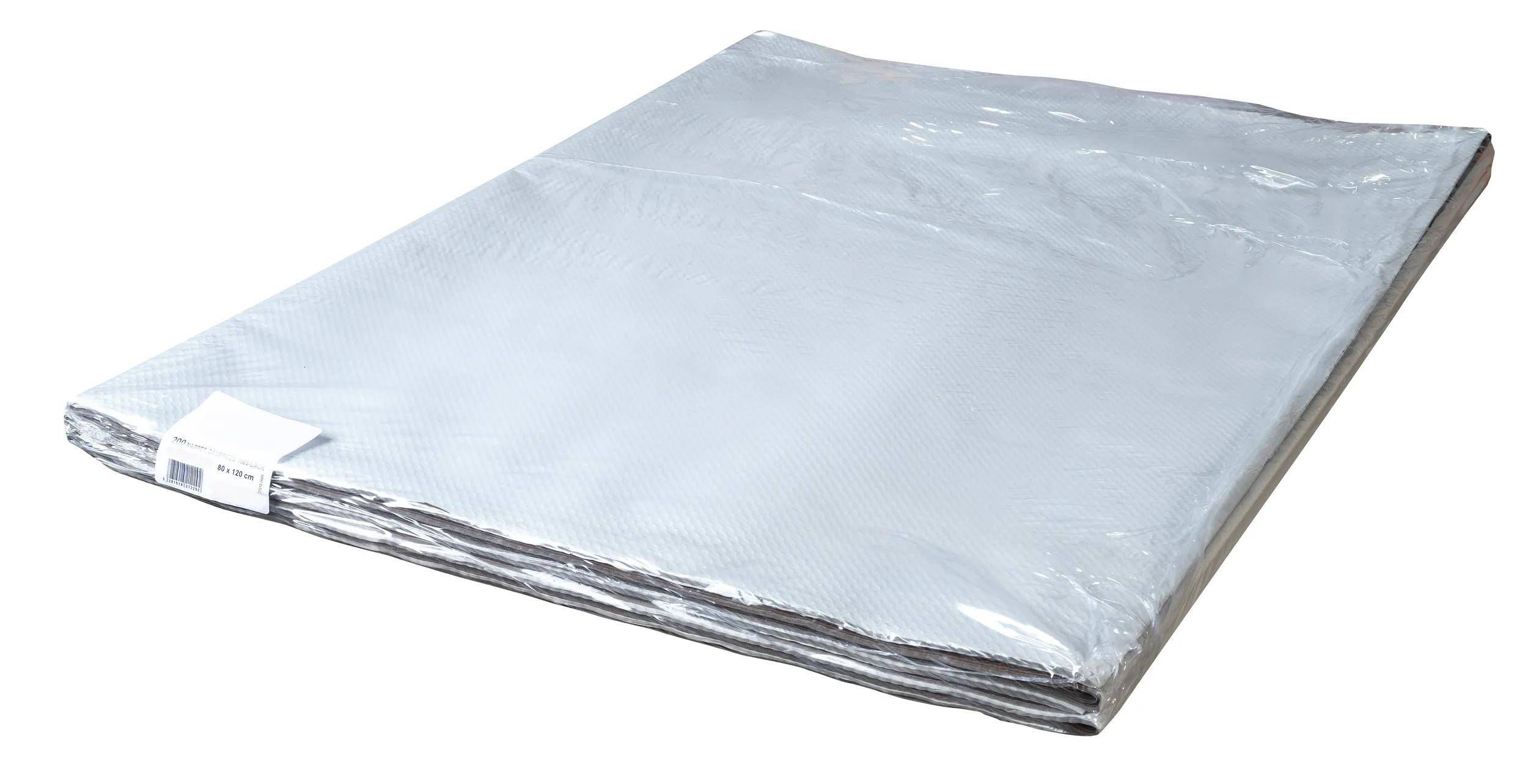 Ein Stapel gefalteter, weißer, feuchtigkeitsaufnehmender Decken zur Feuchtigkeitskontrolle in verschiedenen Umgebungen, eingewickelt in durchsichtige Kunststofffolie.