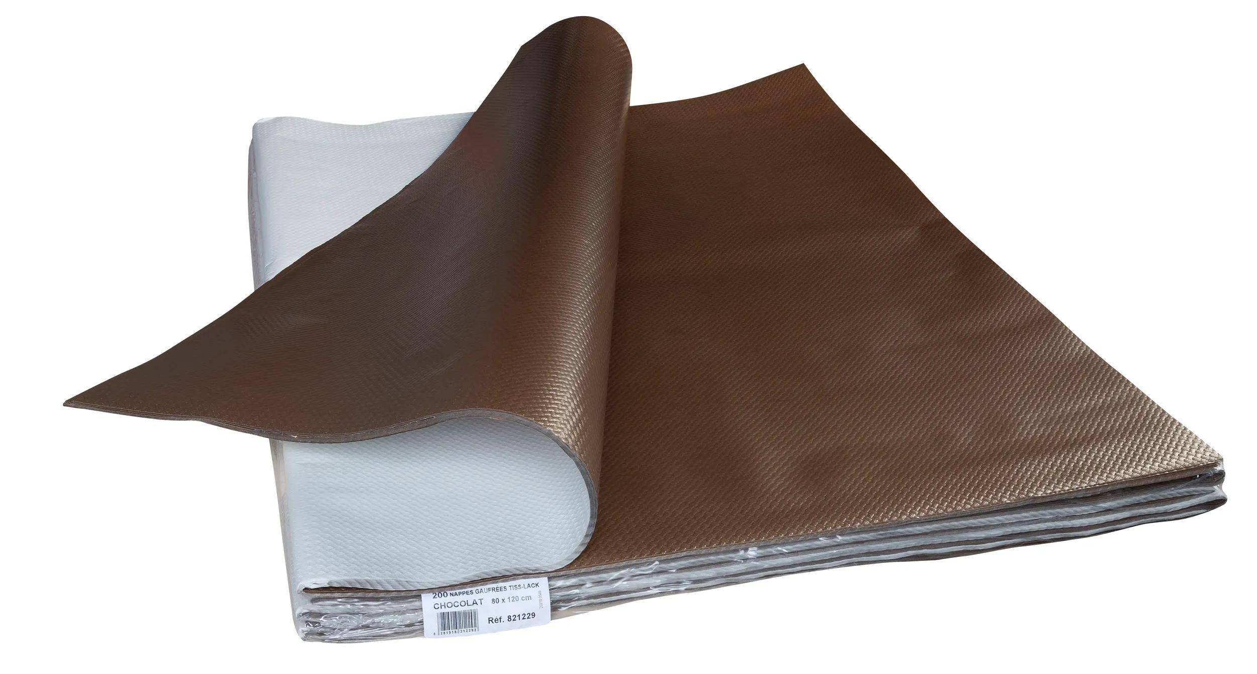 Ein Stapel gefalteter, strukturierter Materialien; oben braun, darunter weiß; gekennzeichnet als 'Chocolat', Ref: 52129, was auf Farbe oder Stil hinweist.