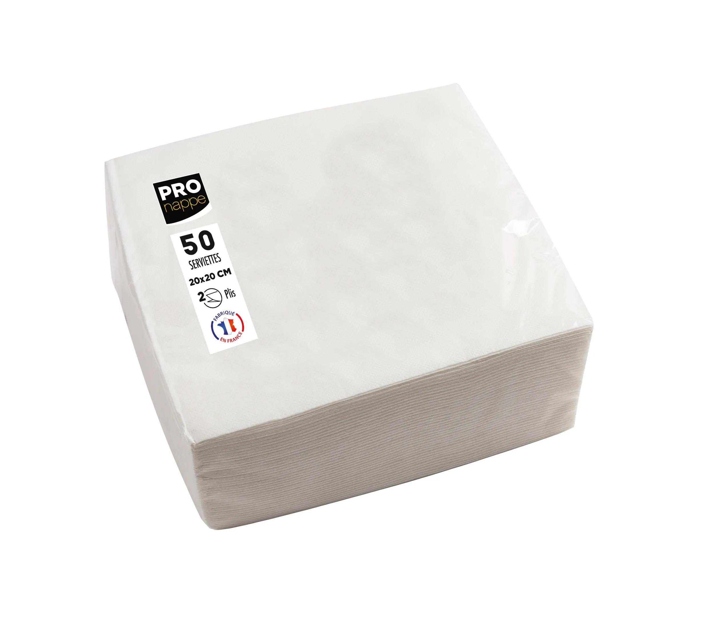 Packung mit 50 weißen Servietten, 23x23 cm, gekennzeichnet als 'PRO nappe' mit Symbol unter 23 Pkt, das Produktspezifikationen anzeigt.