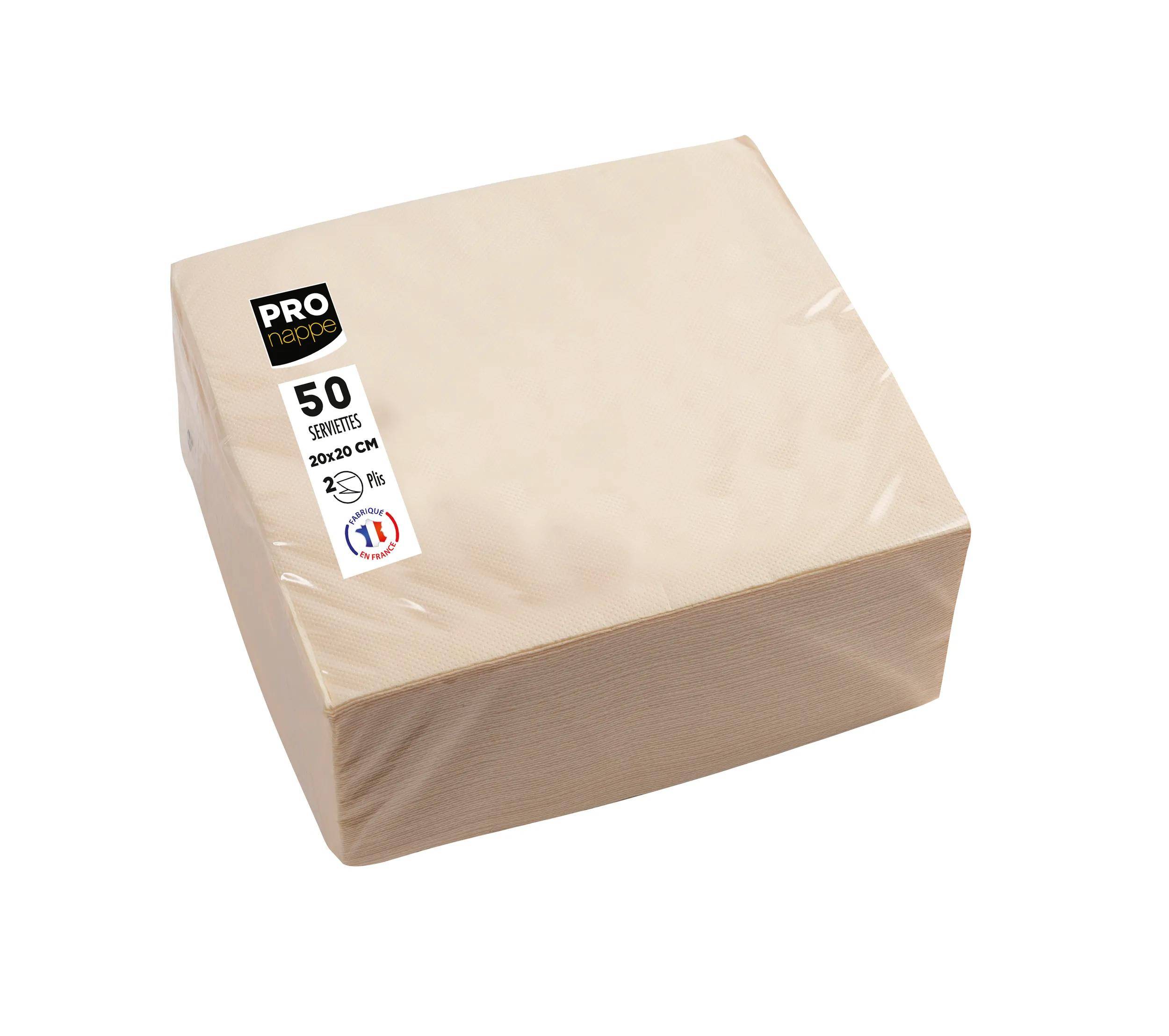 Ein beige Paket mit 50 rechteckigen Servietten, gekennzeichnet mit „PRO nappe