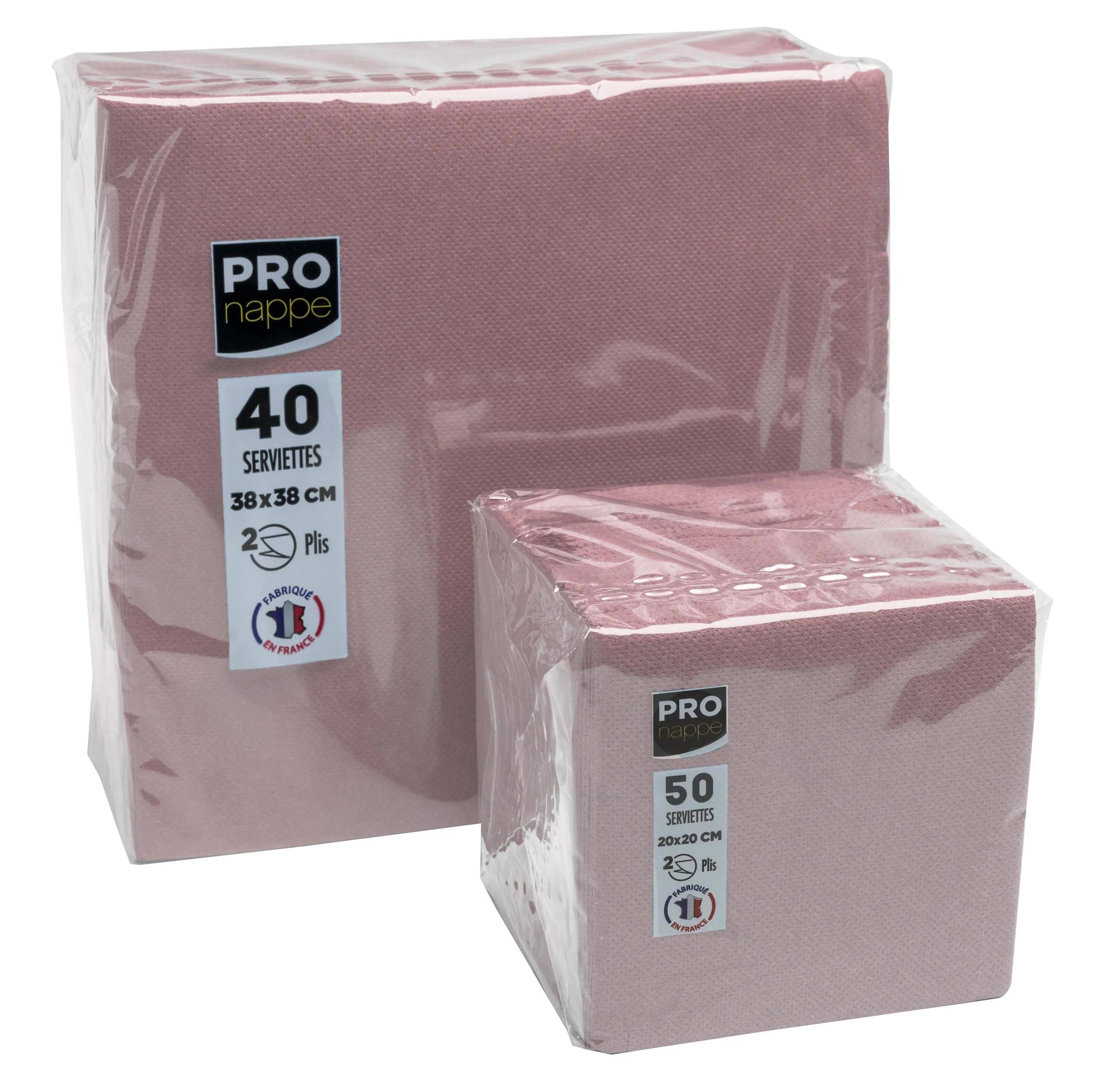 Zwei Packungen rosa Servietten. Die große Packung enthält 40 Servietten in der Größe 38x38 cm. Die kleinere Packung enthält 50 Servietten in der Größe 20x20 cm.