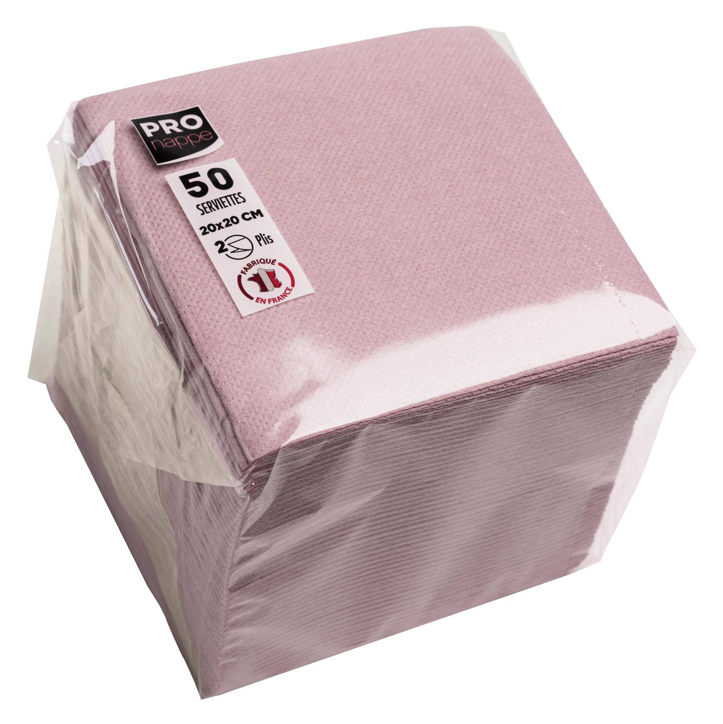 Packung mit 50 rosa Papierservietten, 20x20 cm, gekennzeichnet als weich und hautfreundlich, in durchsichtiger Kunststoffverpackung verpackt.