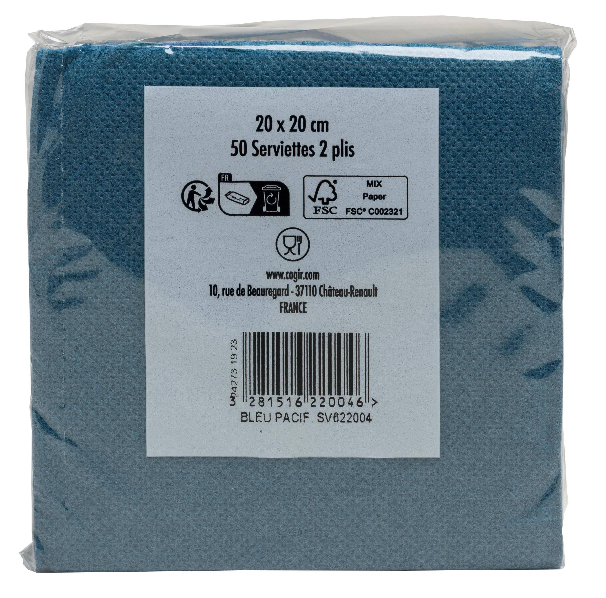 Blaue Servietten, 50er Pack, Größe 20x20 cm, 2-lagig. Die Verpackung zeigt ein Recycling-Symbol, FSC-Zertifikat und die Adresse des Herstellers in Frankreich.