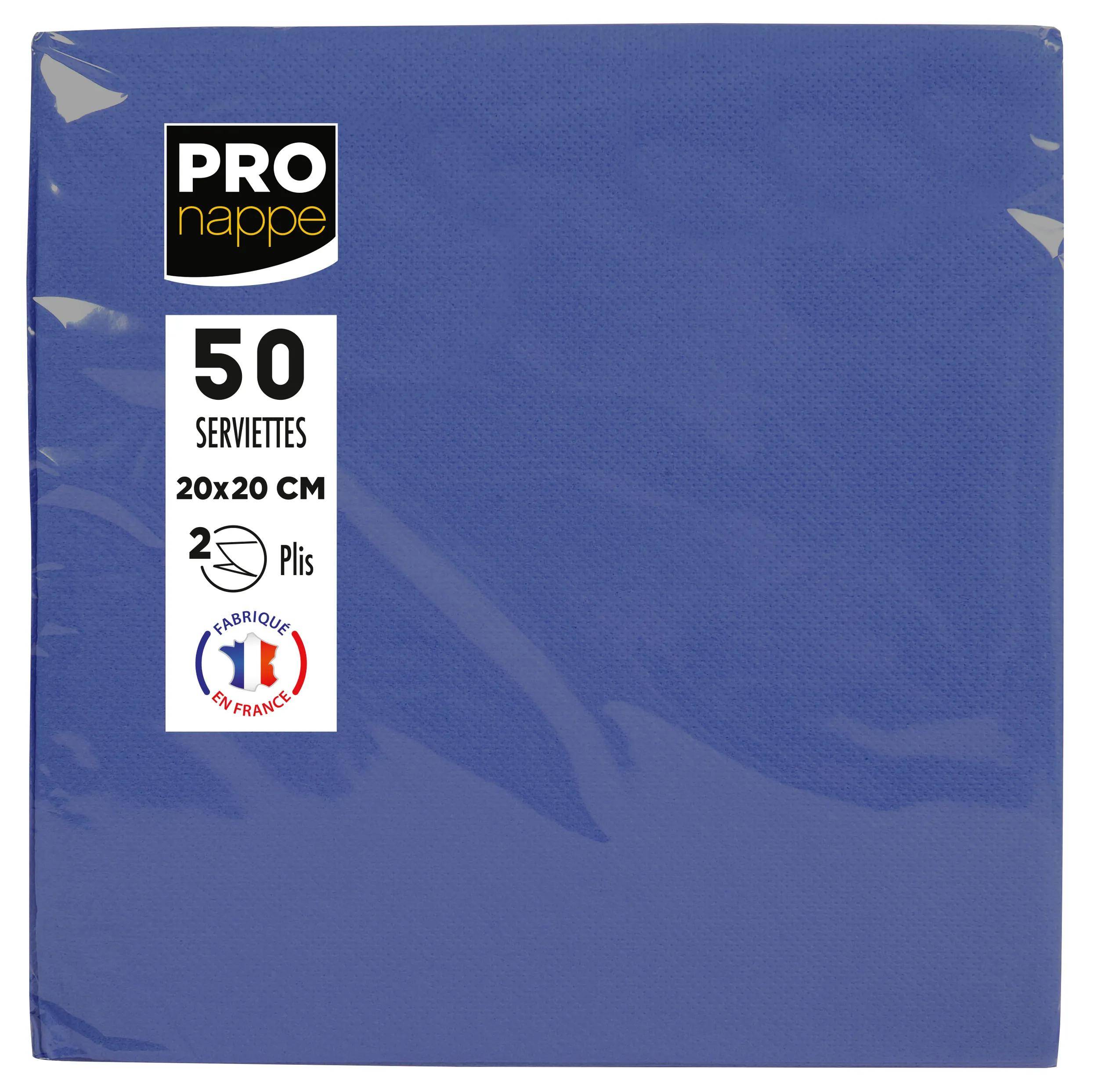 Ein Paket mit 50 blauen Servietten, jede mit den Maßen 20x20 cm, mit der Aufschrift „Pro nappe