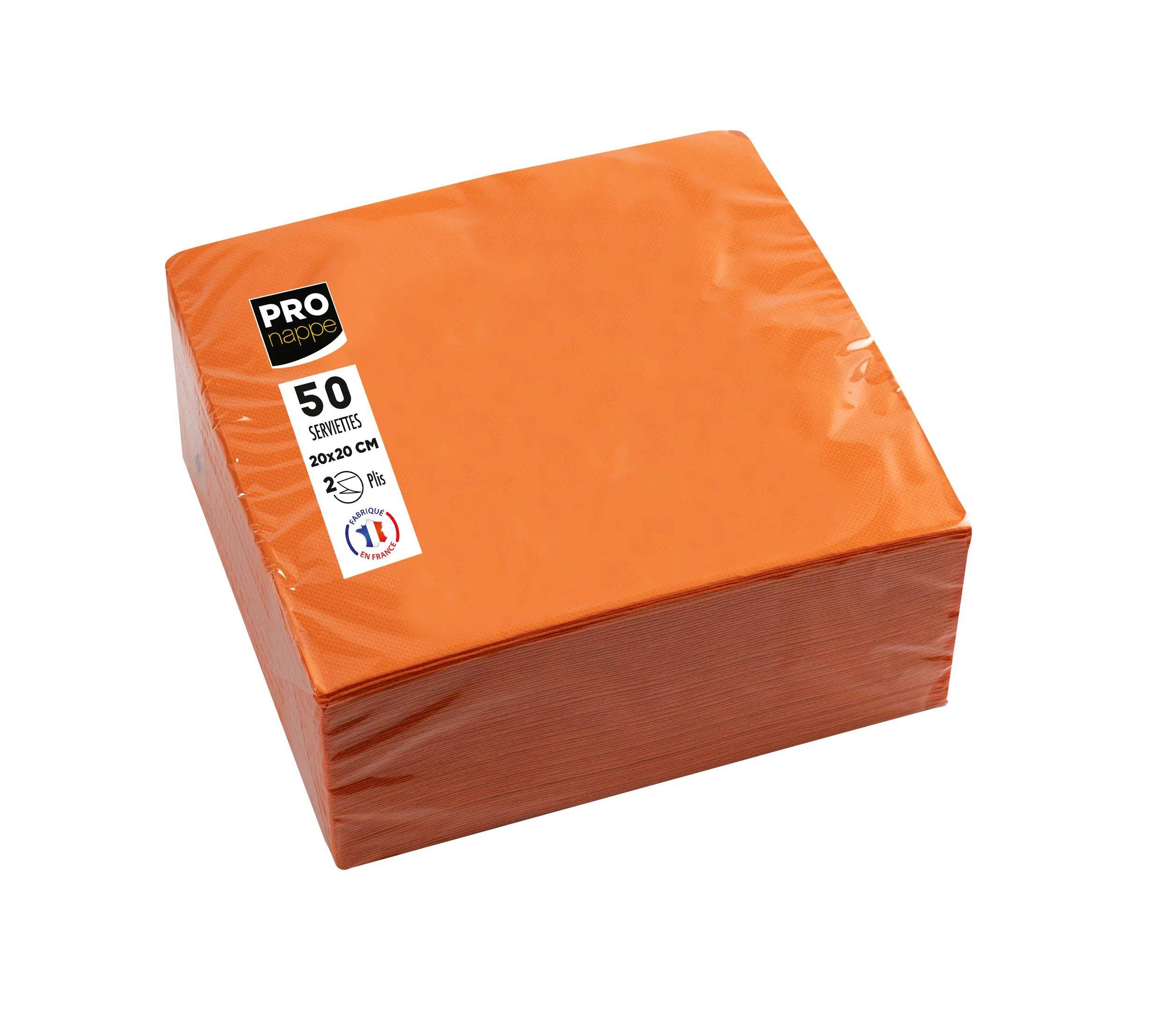 Packung mit 50 orangefarbenen Servietten, gekennzeichnet mit „PRO nappe