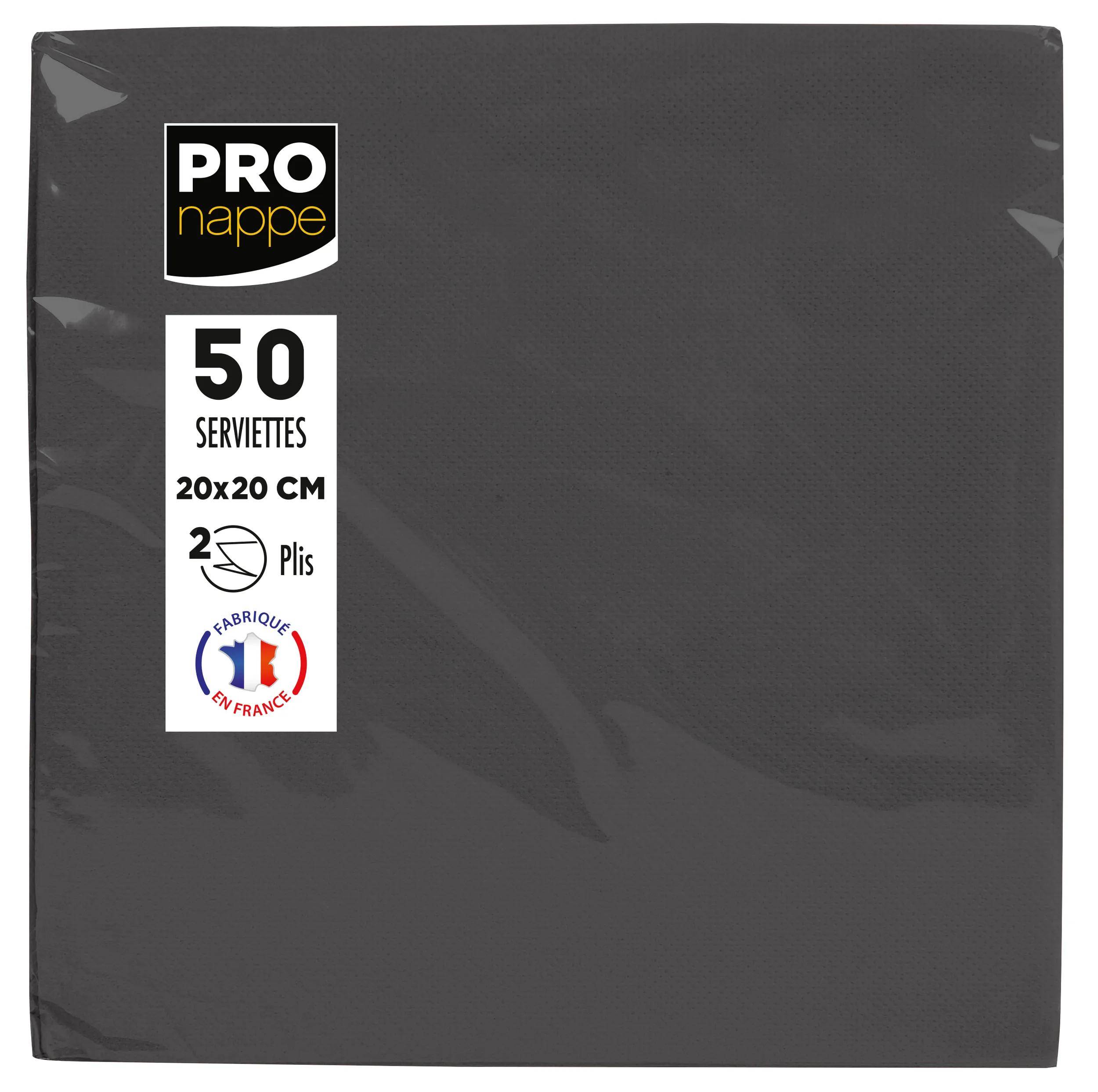 ‚PRO Nappe' schwarze Serviettenpackung mit 50 Servietten, Größe 20x20 cm, 2-lagig, hergestellt in Frankreich.