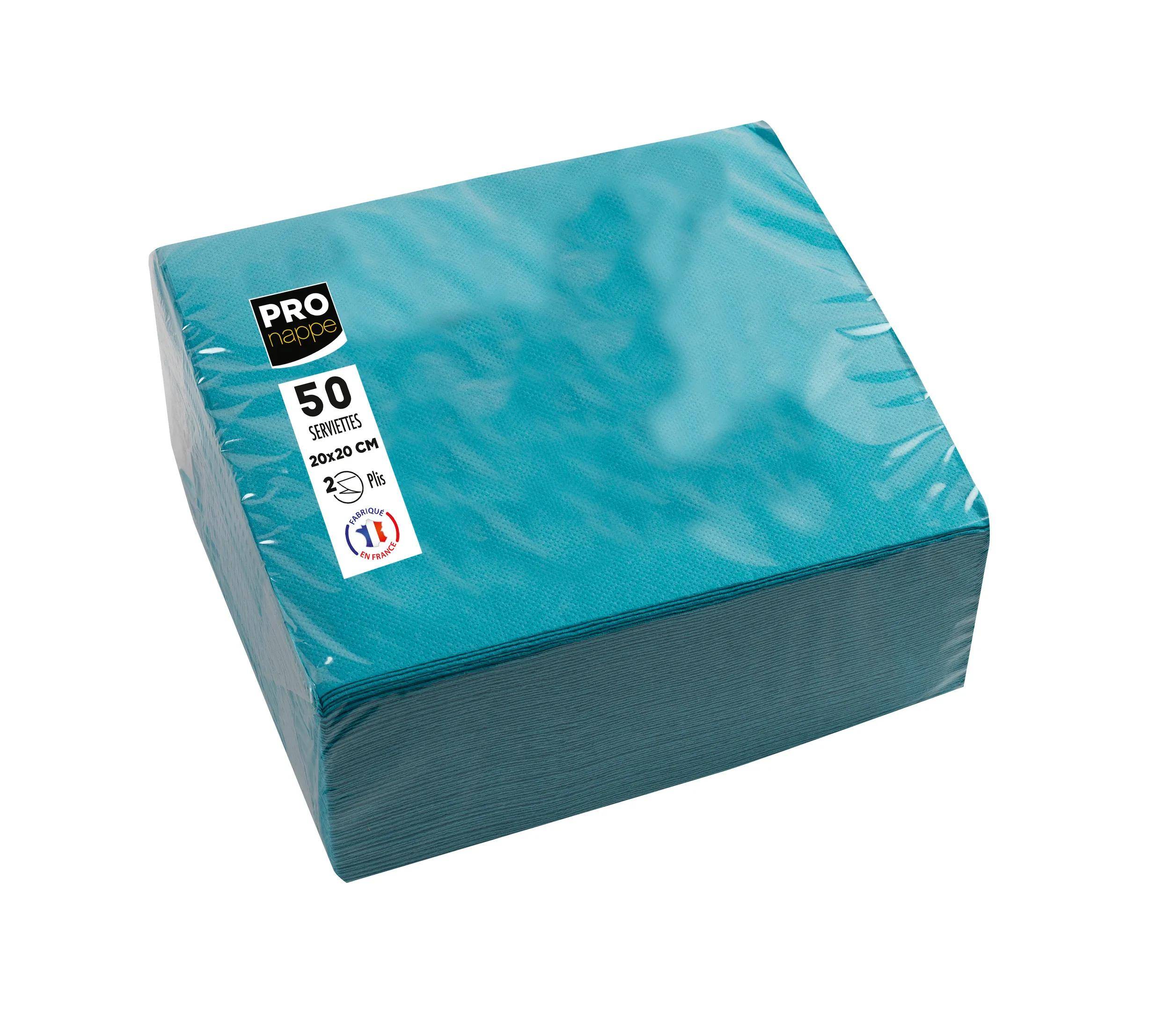 Eine türkisfarbene Packung mit 50 Servietten, je 20x20 cm, mit dem Etikett „Pro Nappe