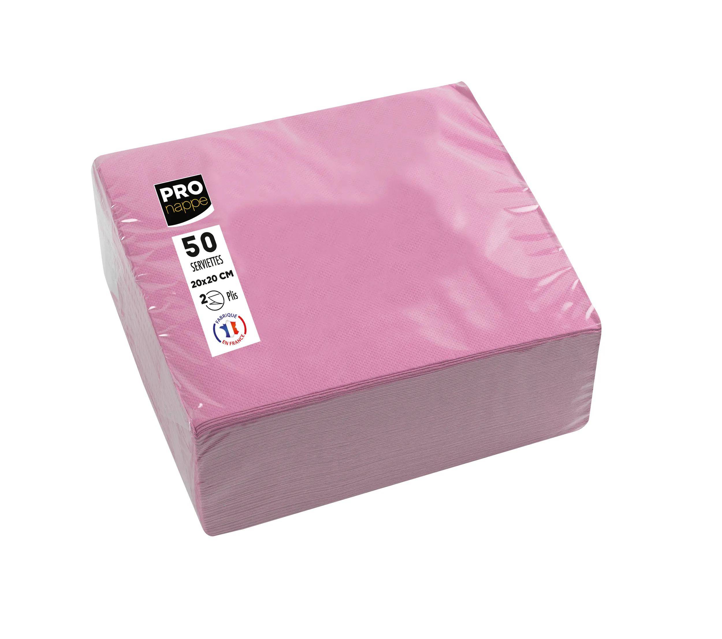 Ein Paket mit 50 rosa Servietten, gekennzeichnet mit „23 x 23 cm