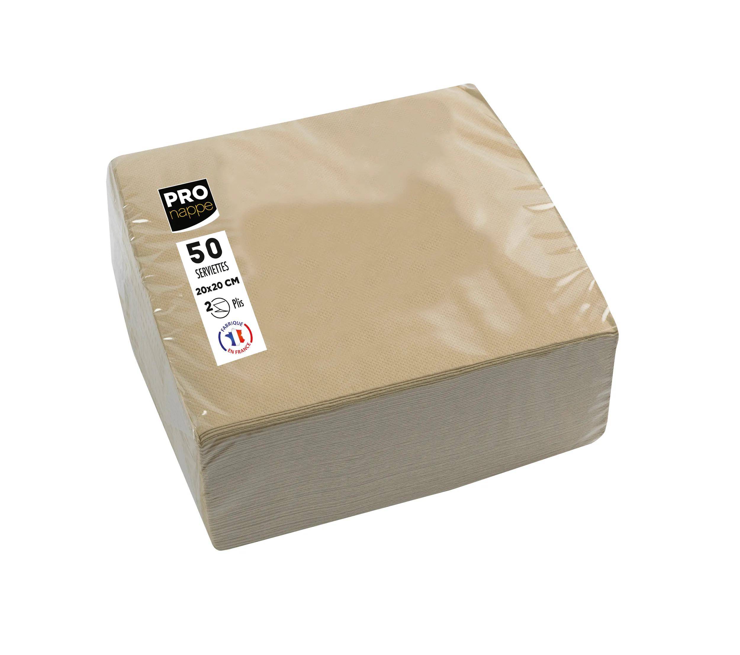 Ein Paket mit 50 beigen Servietten, mit dem Etikett 