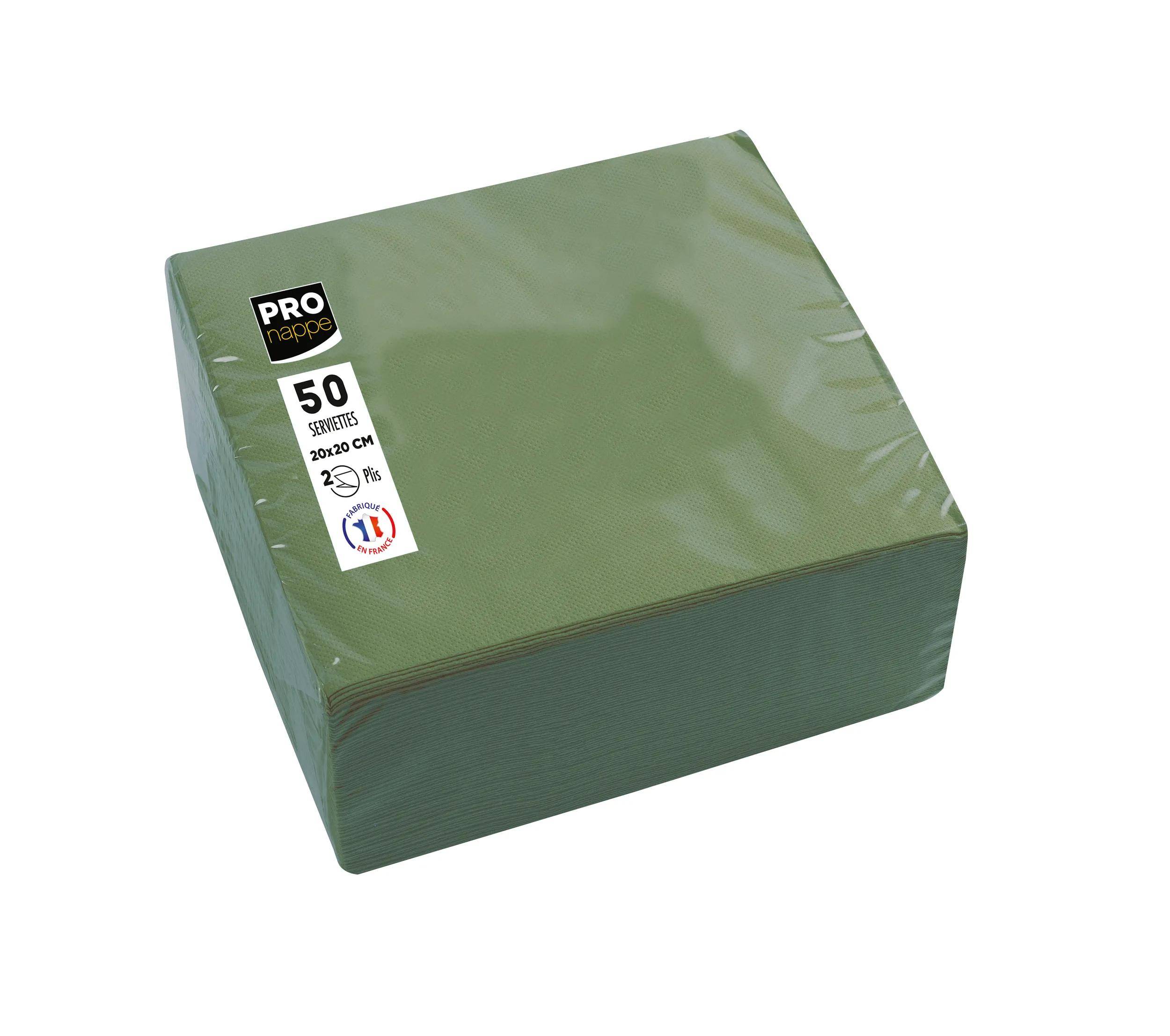 Ein Stapel von 50 grünen Pro-Servietten mit den Maßen 33x33 cm wird gezeigt, verpackt in Kunststoffverpackung.