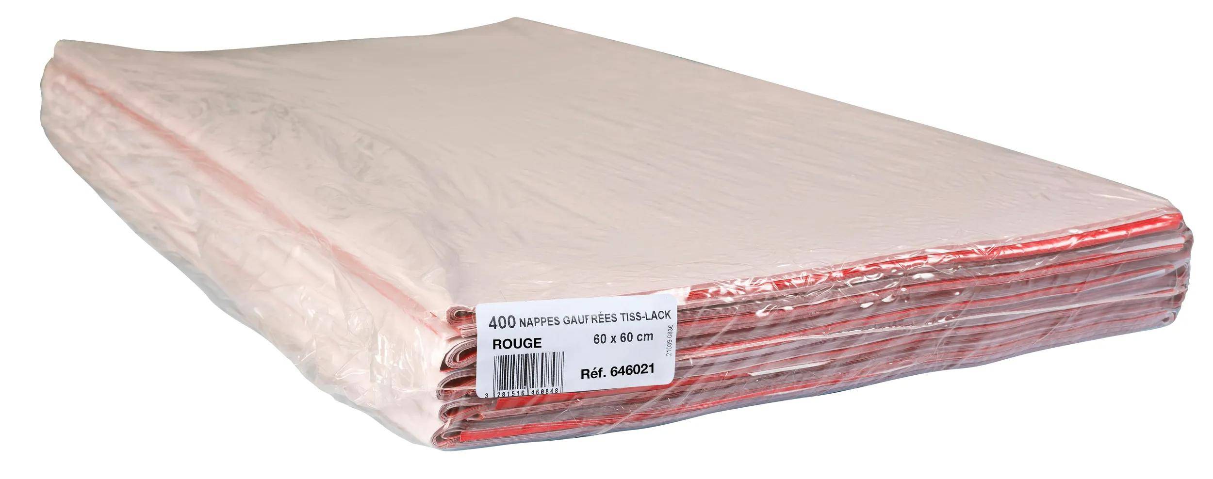 Ein Stapel aus 400 roten, geprägten Servietten, 60x60 cm, in transparenter Verpackung mit einem Etikett, das die Produktreferenz zeigt: 646021.