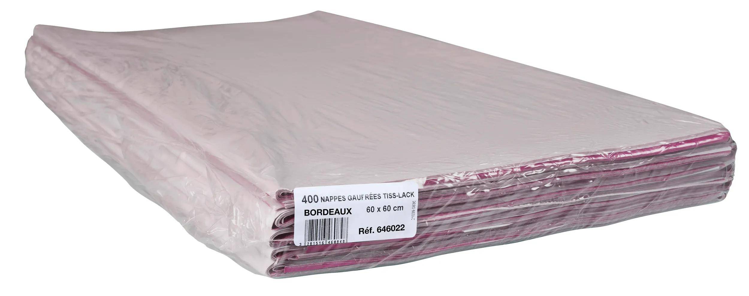 Verpackung von '400 Nappes Gaufrées Tiss-Lack', Größe 60 x 60 cm, Farbe Bordeaux, Produktreferenznummer 646022.