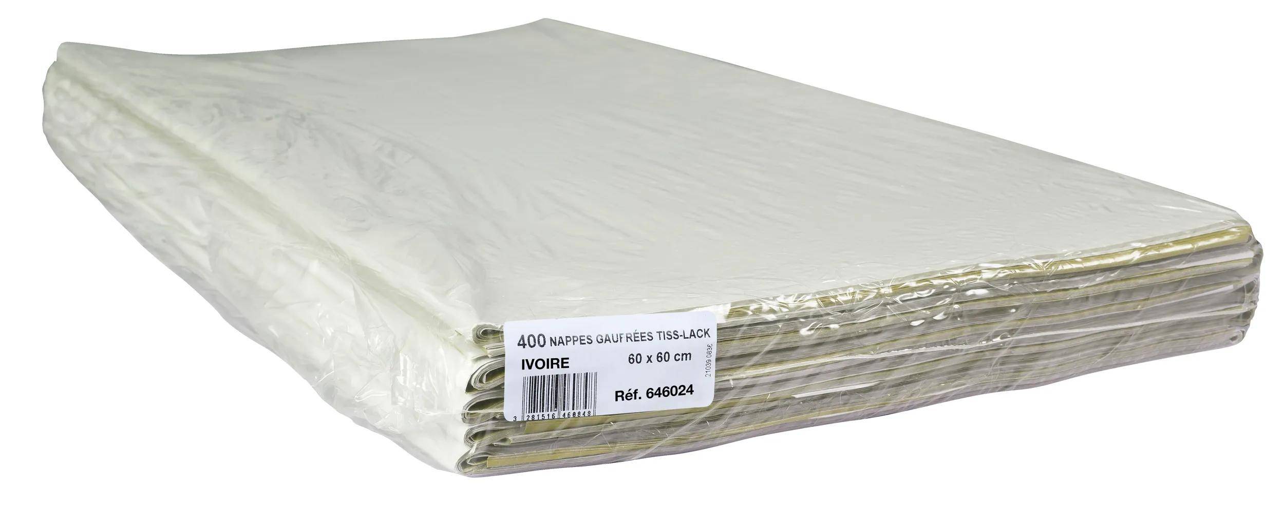 400 Waffelpräge-Servietten Tiss-Lack, Elfenbein, 60 x 60 cm, Art. 646024' gekennzeichnete weiße, strukturierte Servietten gestapelt und in klare Kunststofffolie verpackt.