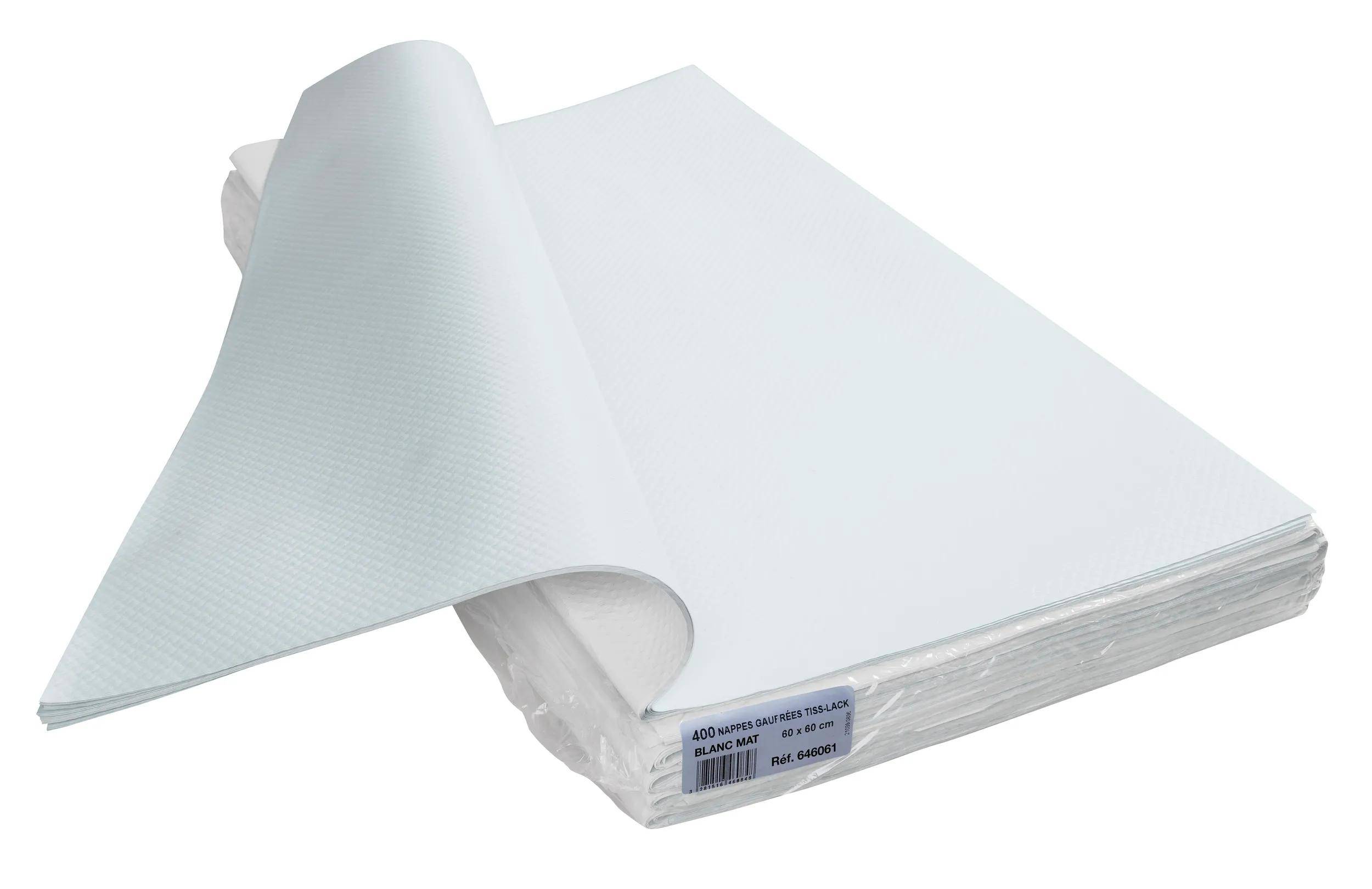 Ein Stapel weißer matter Papierbogen mit einem teilweise angehobenen Bogen, beschriftet „400 nappe quad rees 185x48cm blanc mat.