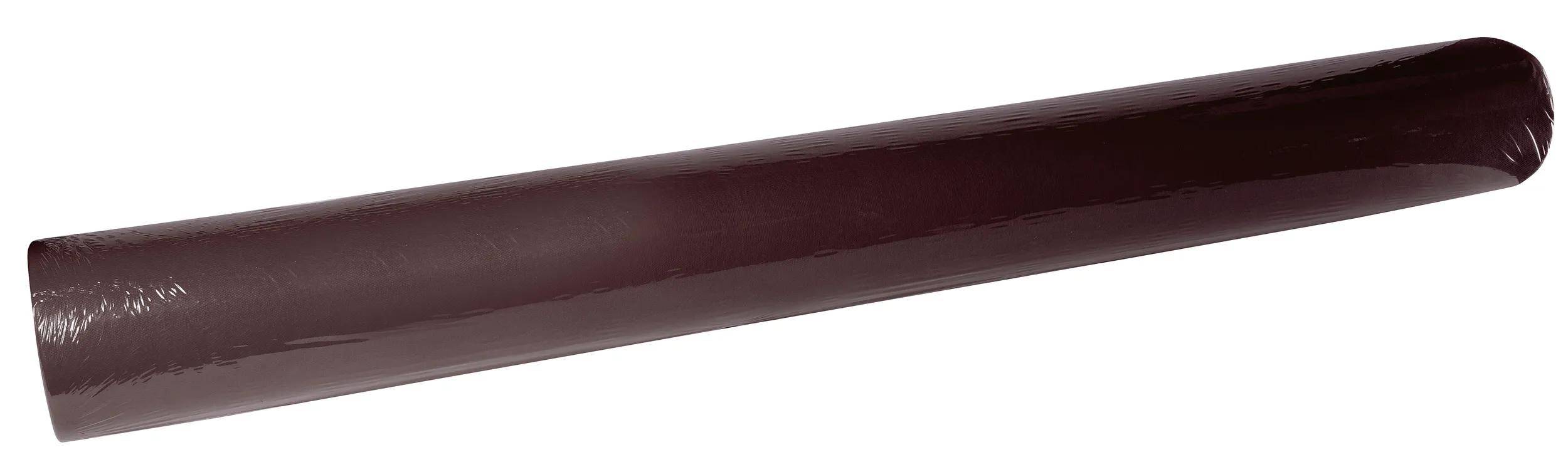 Ein aufgerolltes Blatt aus dunkelbraunem Vinyl, das Oberflächenstruktur und Glanz aufweist.