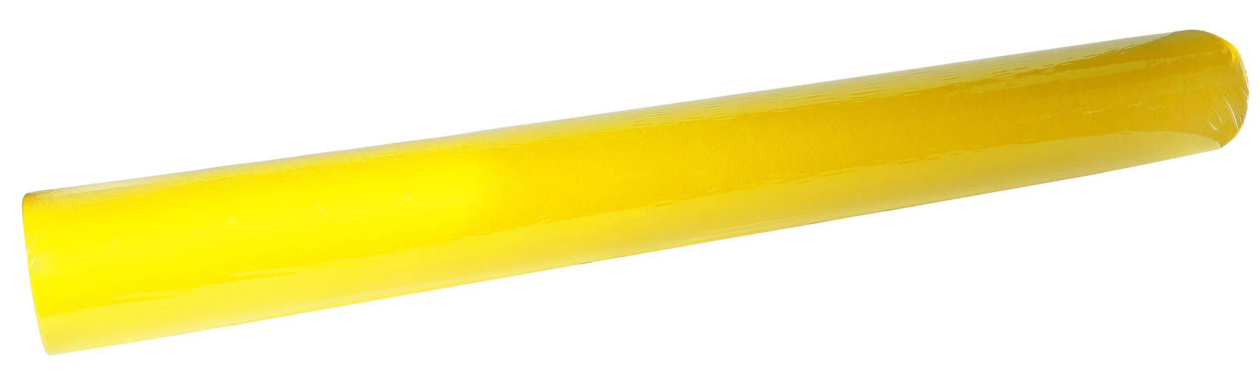 Eine Rolle aus glänzendem gelbem Vinyl-Material, horizontal dargestellt, mit einer glatten, reflektierenden Oberfläche.