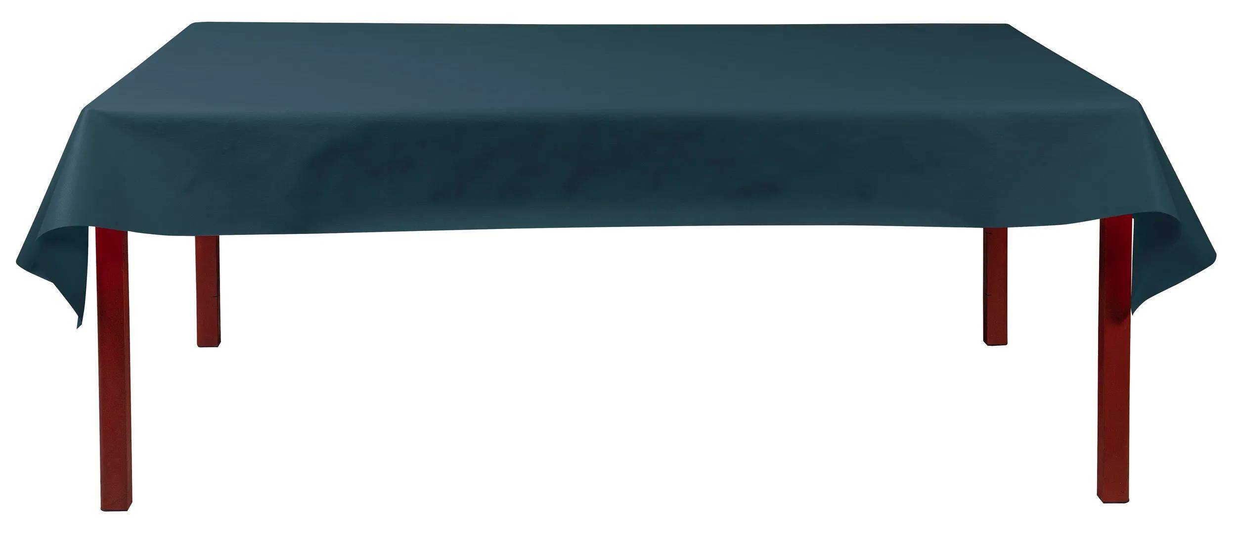 Ein dunkelblaugrünes Tischtuch bedeckt einen rechteckigen Tisch und erzeugt dabei ein glattes, elegantes Aussehen.