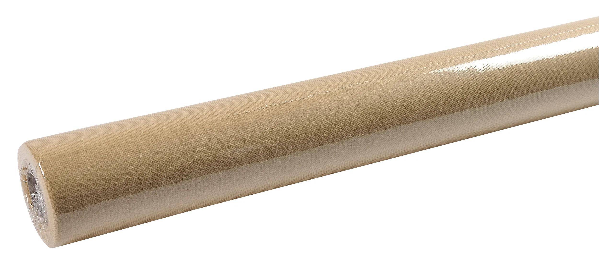 Eine Nahaufnahme einer beige, strukturierten Stoffrolle, die ihr Oberflächendetail und Webmuster zeigt.