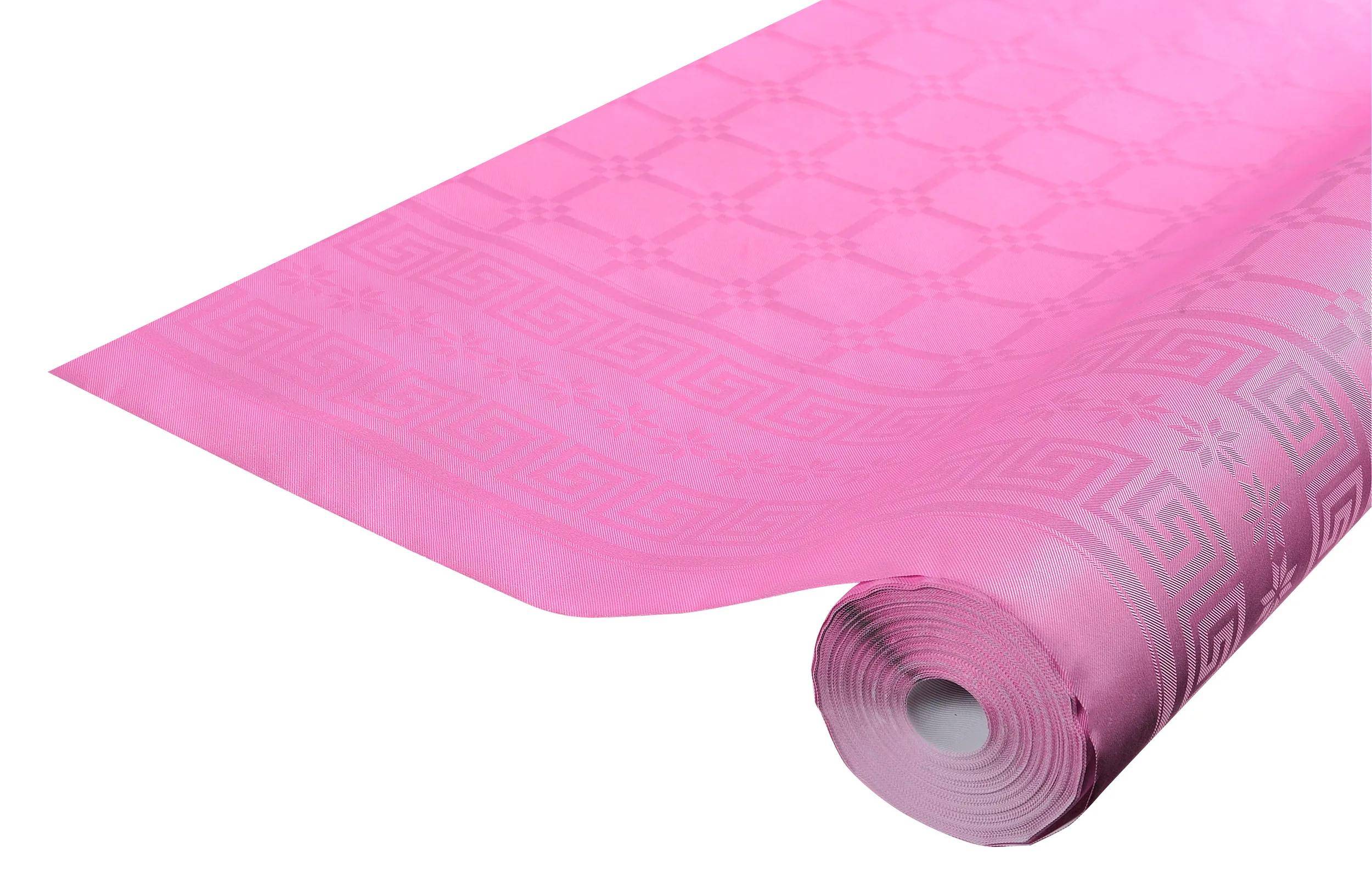 Eine Rolle rosafarbenes Geschenkpapier mit geometrischem und Blumenmuster, teilweise abgerollt.