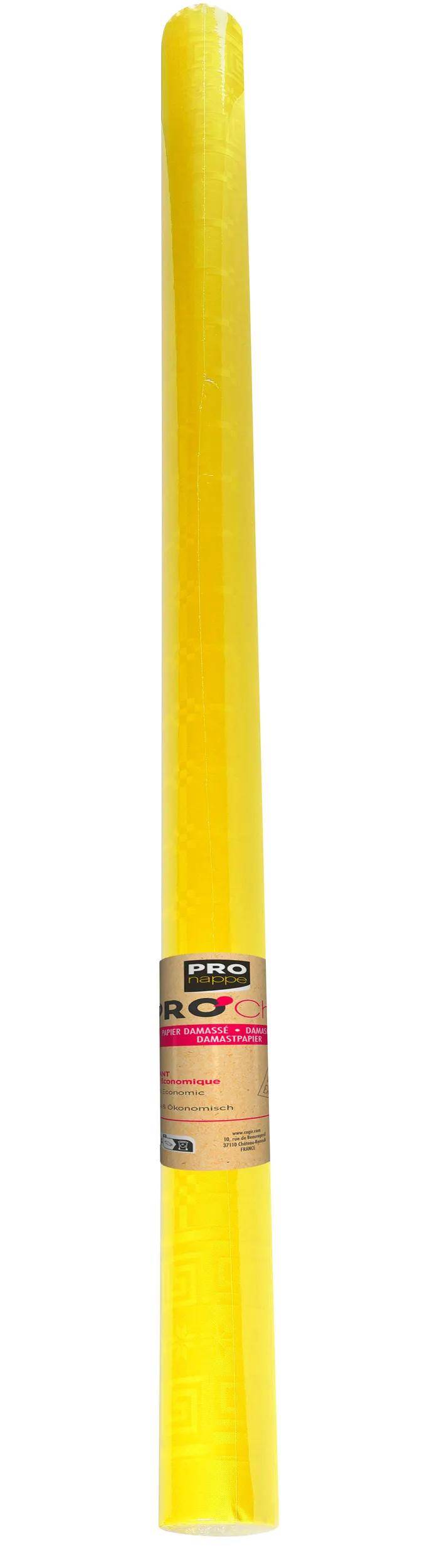 Eine gelbe Einwegauflage in Rollenform mit dem Label 