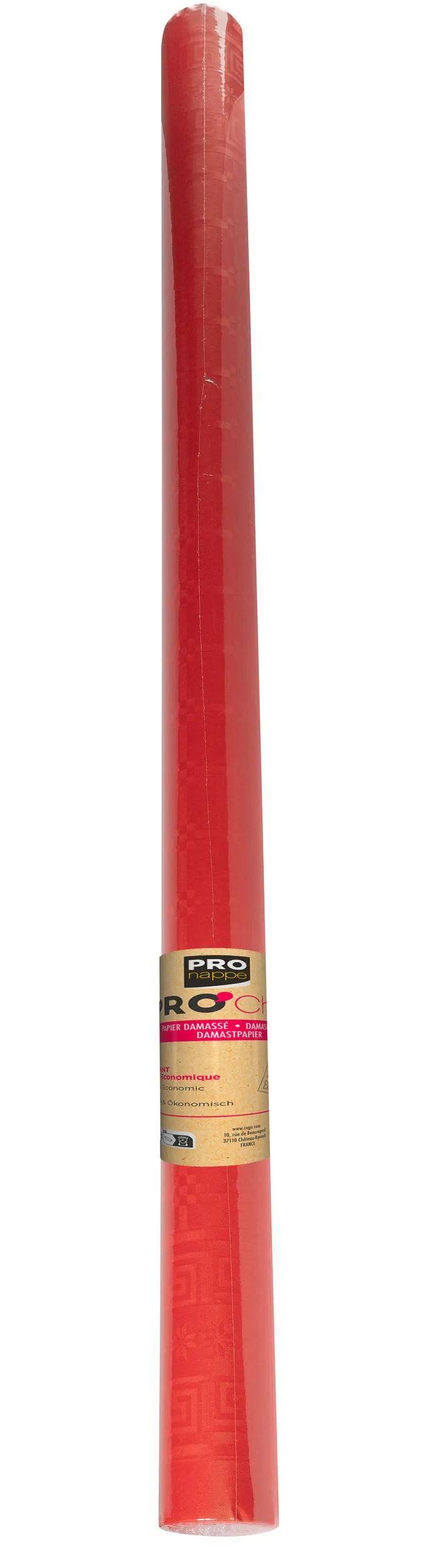Eine rote PRO Nappe Tischdecken-Rolle steht vertikal, mit strukturiertem Muster und gekennzeichneter Verpackung an der Basis.