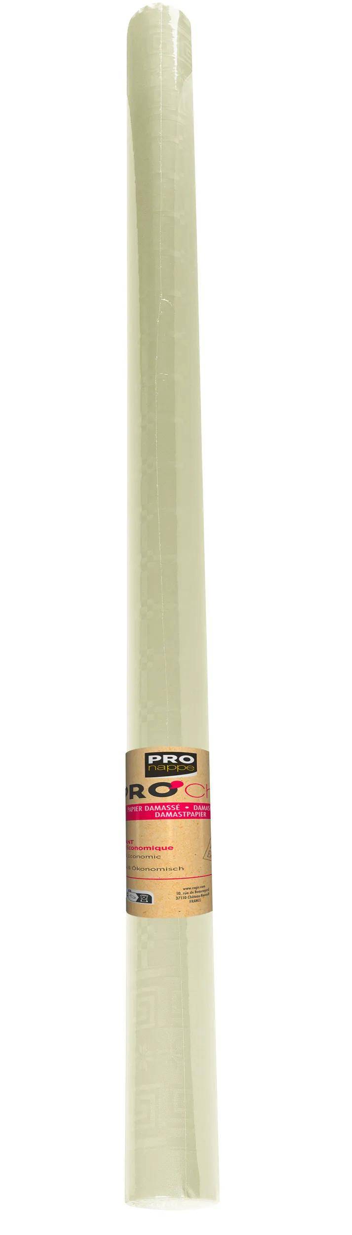 Eine beige Rolle Tischbelag mit einem Etikett unten mit der Aufschrift „Pro nappe.