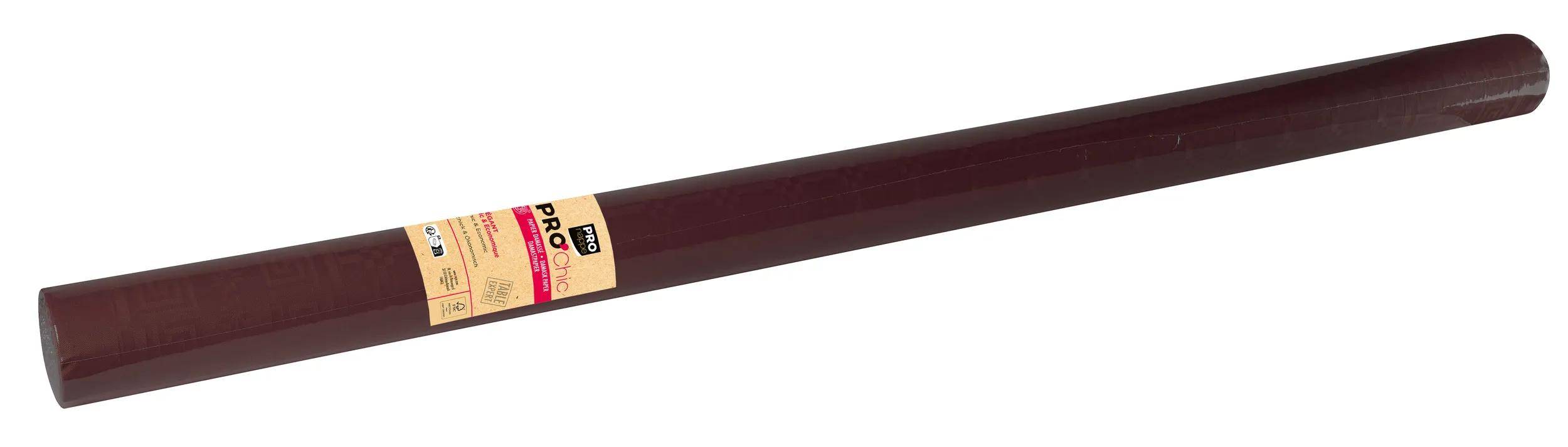 Eine Rolle dunkelpinkfarbene Pro Deco Deko-Klebefolie mit einem beigefarbenen Etikett an einem Ende.