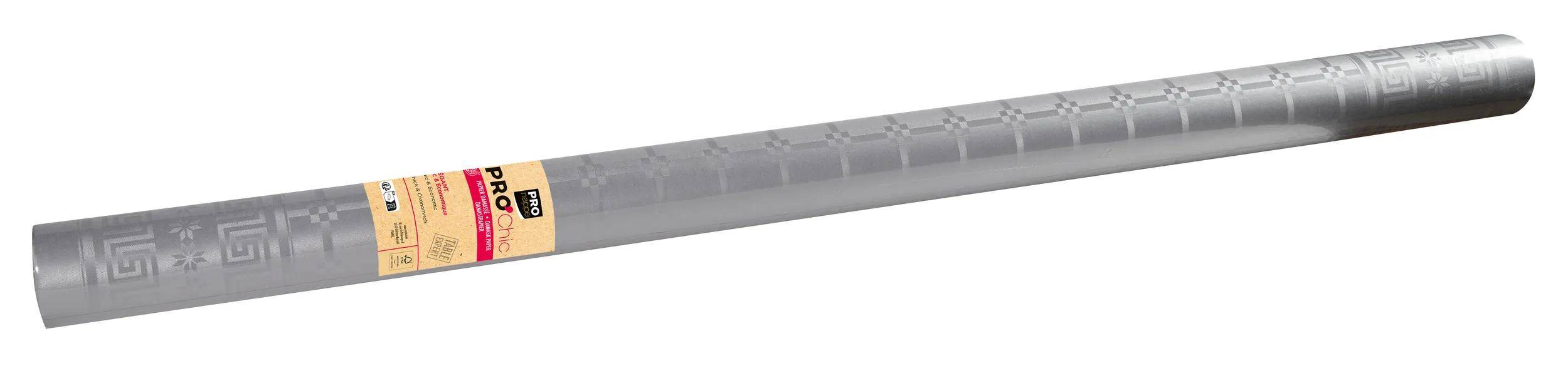 Eine Rolle Silberpapier zum Einwickeln mit einem feinen karierten Muster.