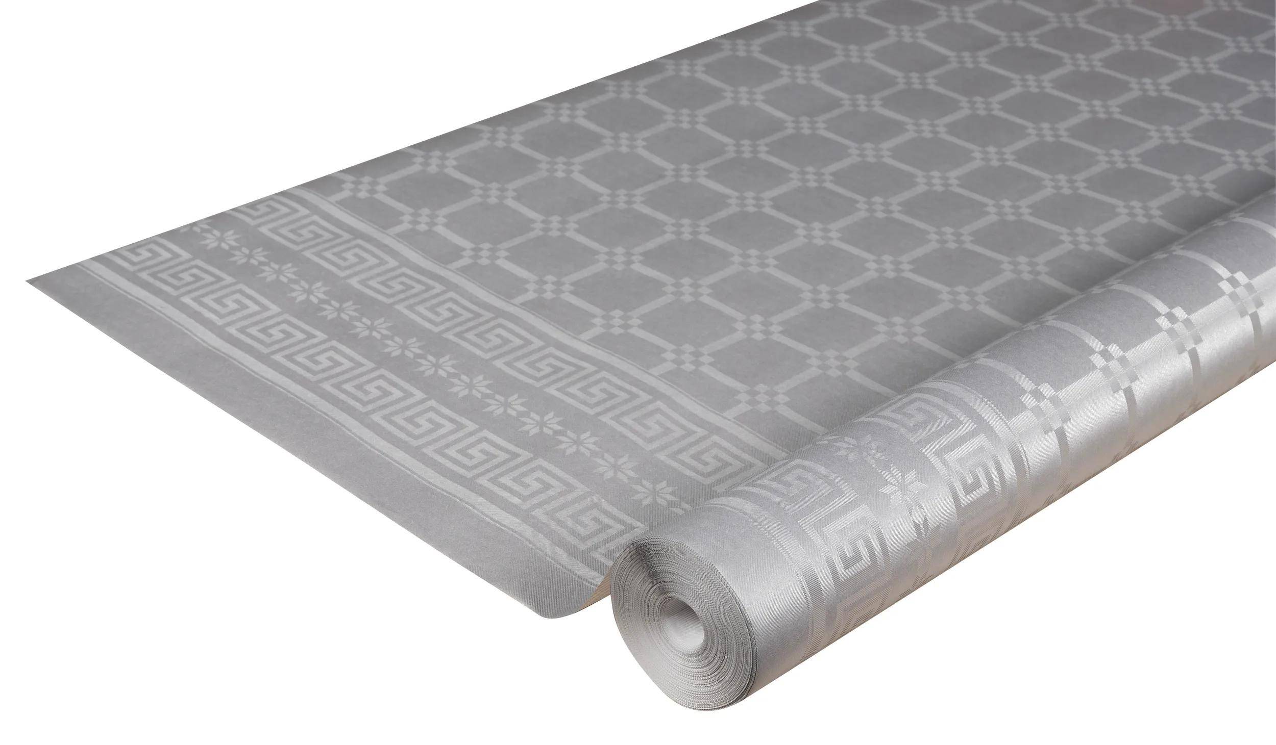 Eine Rolle silberne dekorative Tischdecke mit geometrischem Muster und Bordüre mit griechischen Schlüsselmotiven und Blumendesigns.