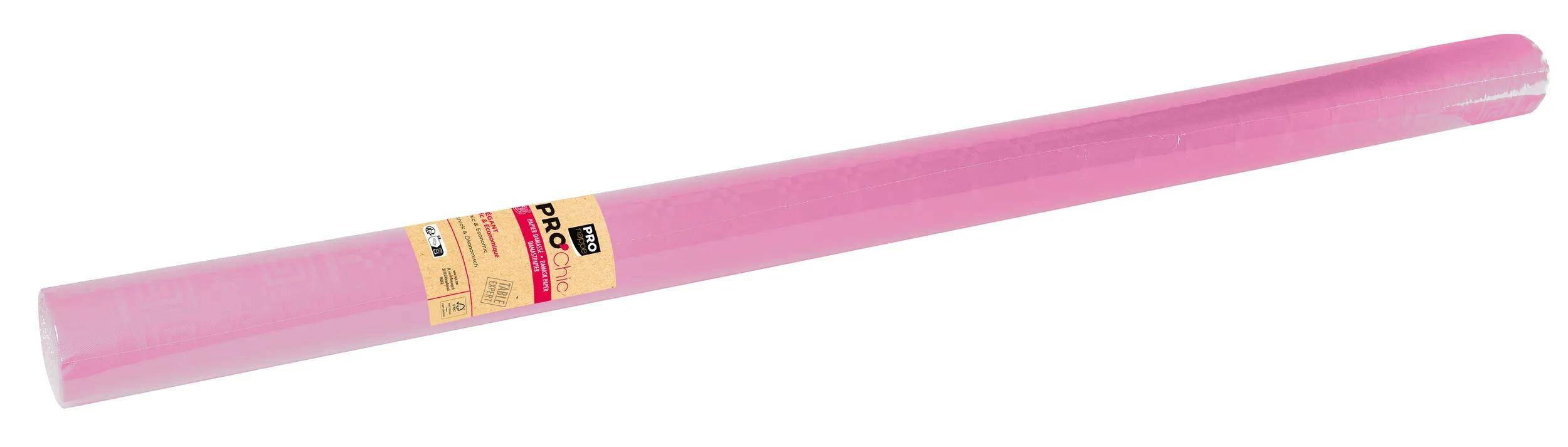 Eine Rolle rosa Papierkrepppapier, teilweise sichtbar, mit einem Etikett auf der linken Seite.