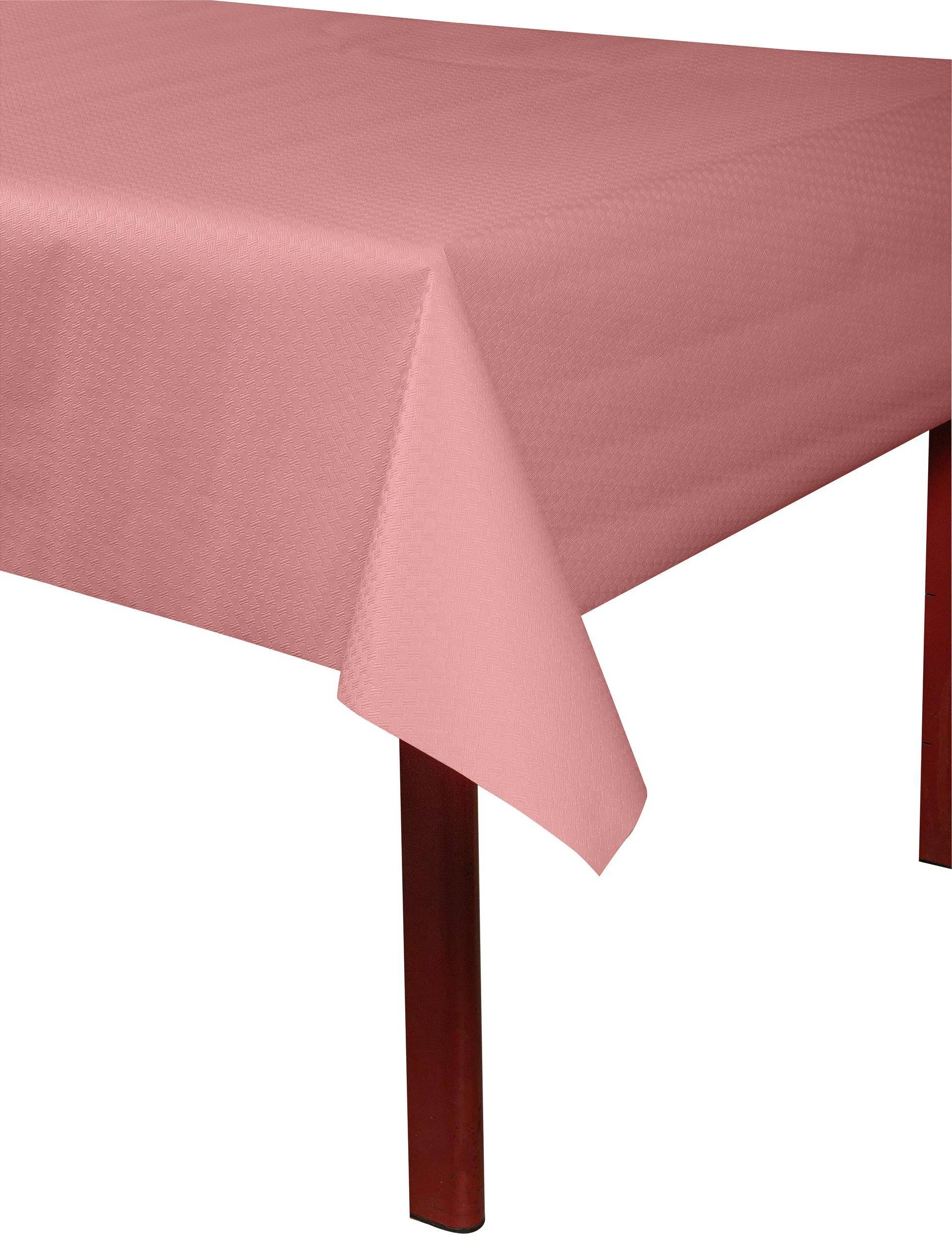 Rosafarbene Tischdecke, die eine Ecke eines Tisches bedeckt.